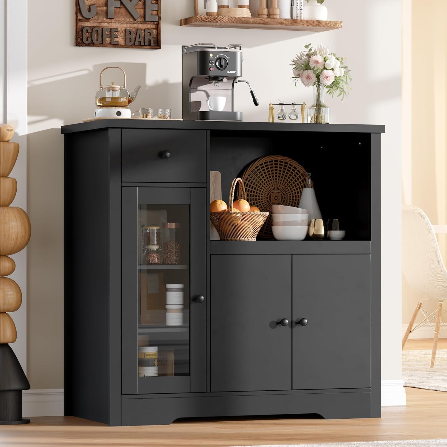 Senfot Kitchen Microwave Cabinet with Storage and Drawers, Modern Small Buffet Cabinet with Glass Doors and Adjustable Shelf, Wooden Sideboard with Wide Top for Dining Room, Living Room, Black