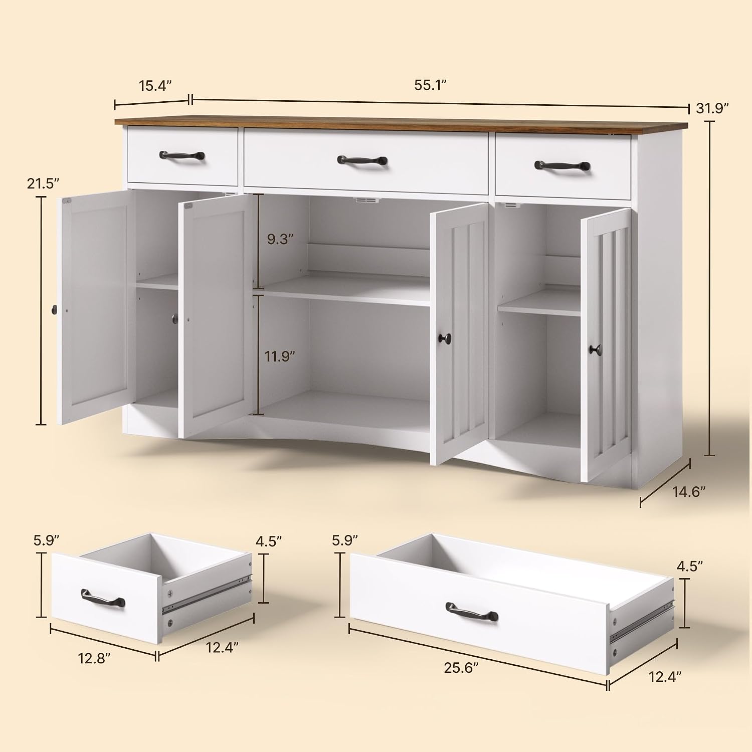 Gizoon Sideboard Buffet Cabinet with Storage, Modern Kitchen Sideboard and Coffee Bar with Drawers and Doors, Wood Buffet Table for Dining Room, 15.2' D x 55.1' W x 31.9' H, White/Rustic Brown