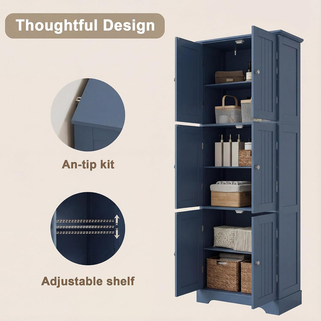 ChooChoo Tall Bathroom Storage Cabinet with 6 Doors, Freestanding Floor Cabinet with Adjustable Shelves, Blue Pantry Cabinet for Bathroom, Kitchen, Laundry Room