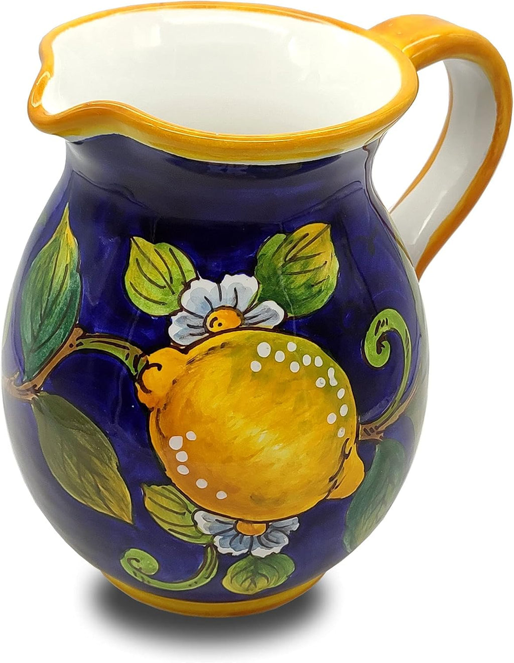 Italian Ceramic Pitcher Lemon Blue - 33 oz Hand Painted Utensil Holder Or Carafe Design for Kitchen - Made in ITALY Tuscany - Italian Pottery Vase Jar for Wine - Home Decor Ceramics Dispenser