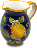 Italian Ceramic Pitcher Lemon Blue - 33 oz Hand Painted Utensil Holder Or Carafe Design for Kitchen - Made in ITALY Tuscany - Italian Pottery Vase Jar for Wine - Home Decor Ceramics Dispenser