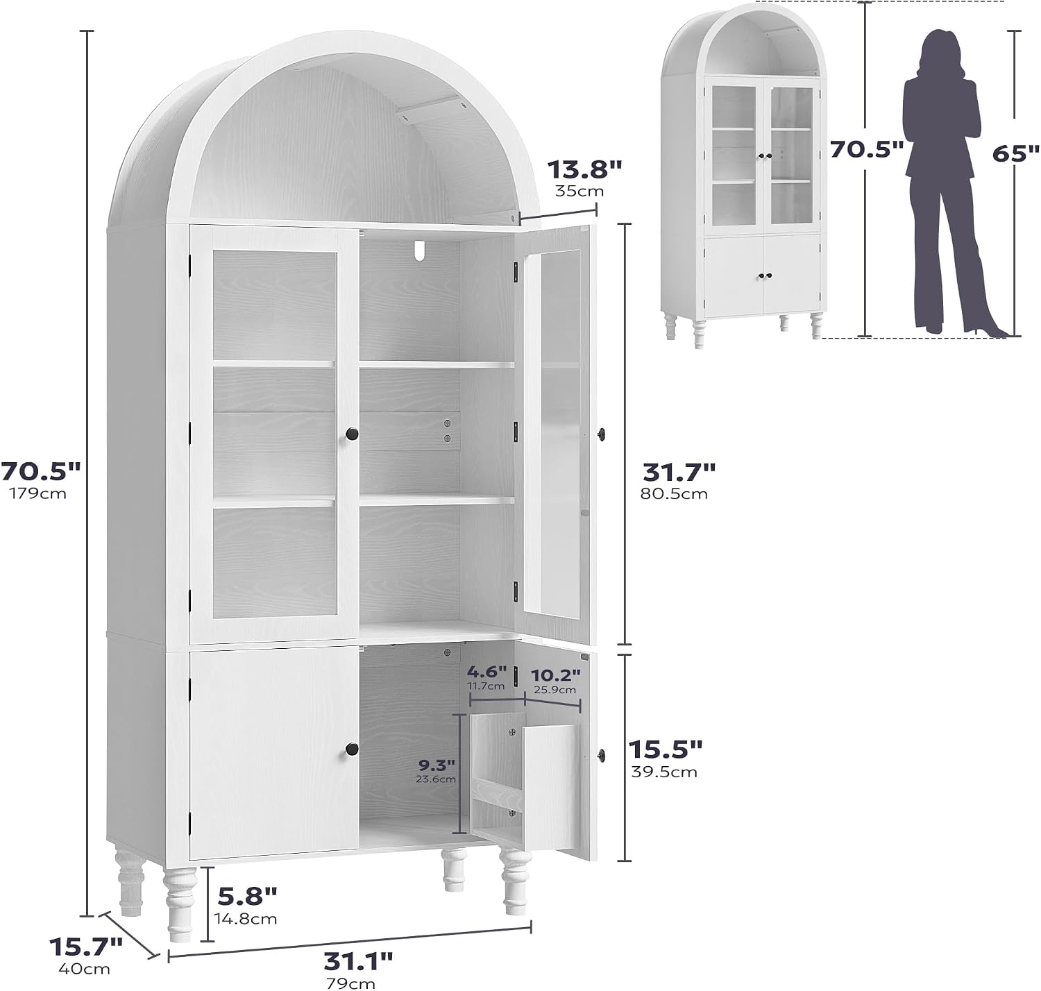Furnify 71' Tall Arched Pantry Cabinet, Modern Kitchen Storage Cabinet with Doors, 3 Adjustable Shelves, Door Shelves, Organizer, Versatile Cupboard for Kitchen, Bathroom, White