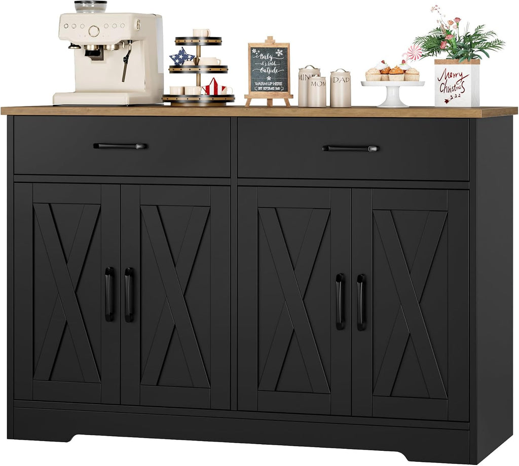 HOSTACK Buffet Cabinet with Storage, 47.2' Kitchen Sideboard Buffet with Drawers, Modern Farmhouse Coffee Bar Station with Shelves, Barn Doors Storage Cabinet for Living Room, Black/Rustic Brown