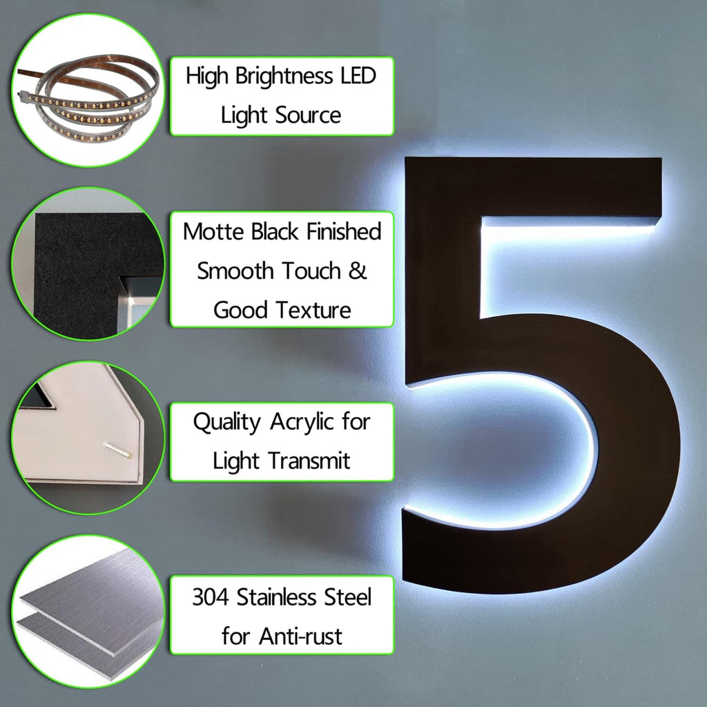 Modern Backlit LED House Numbers 14', Stainless Steel Acrylic Light Up LED Address Number Sign, Waterproof Outdoor Illuminated Address Numbers,3