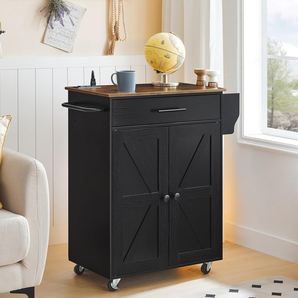 HOOBRO Kitchen Island with Power Outlet, Rolling Kitchen Island with Large Worktop, Kitchen Island Cart with Spice Rack and Drawer, Island Table for Dining Room, Rustic Brown and Black BF88UZD01