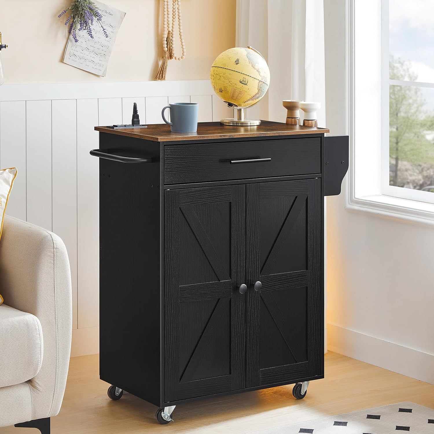 HOOBRO Kitchen Island with Power Outlet, Rolling Kitchen Island with Large Worktop, Kitchen Island Cart with Spice Rack and Drawer, Island Table for Dining Room, Rustic Brown and Black BF88UZD01