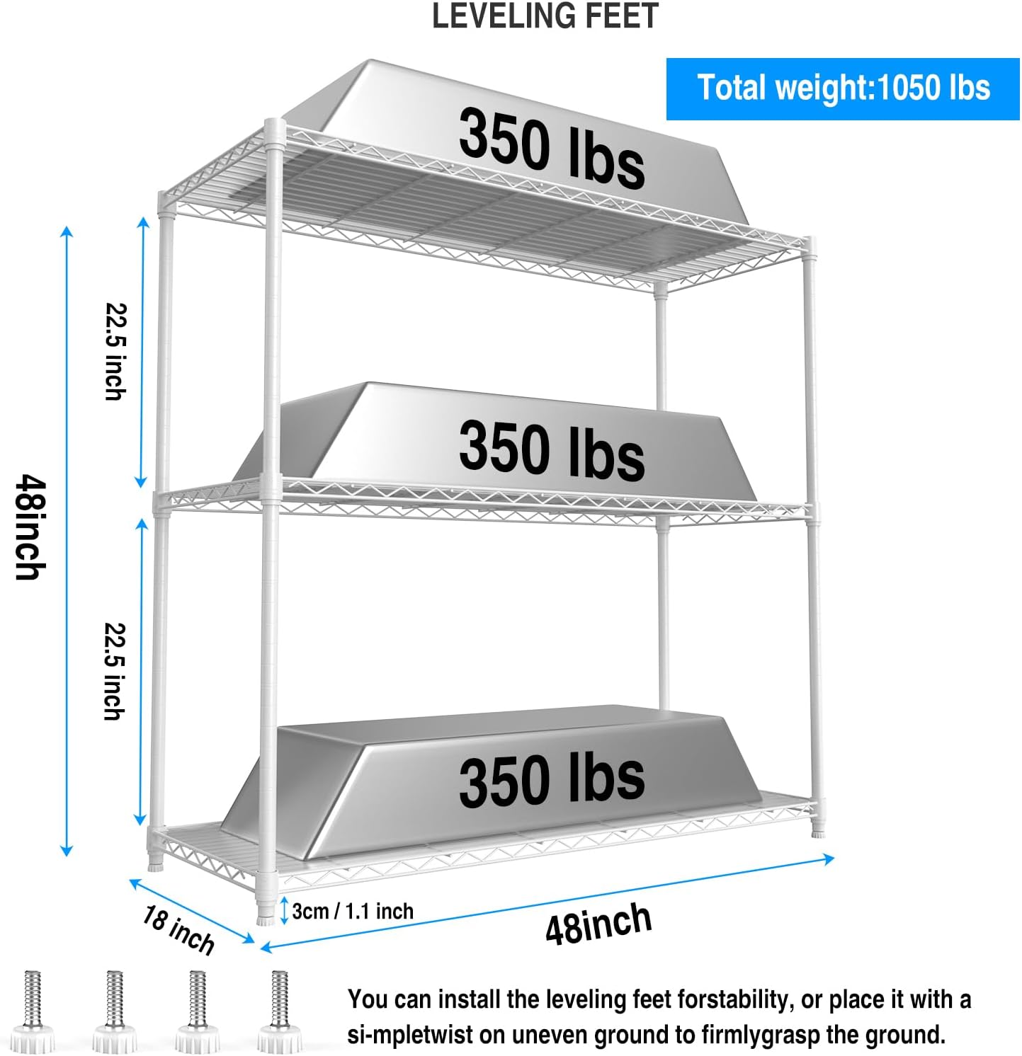 pouseayar 3 Tier NSF Metal Shelf Wire Shelving Unit, 1050lbs Capacity Heavy Duty Adjustable Storage Rack with Shelf Liners - 48' H x 48' L x 18' D for Closet Kitchen Garage Basement and More - White
