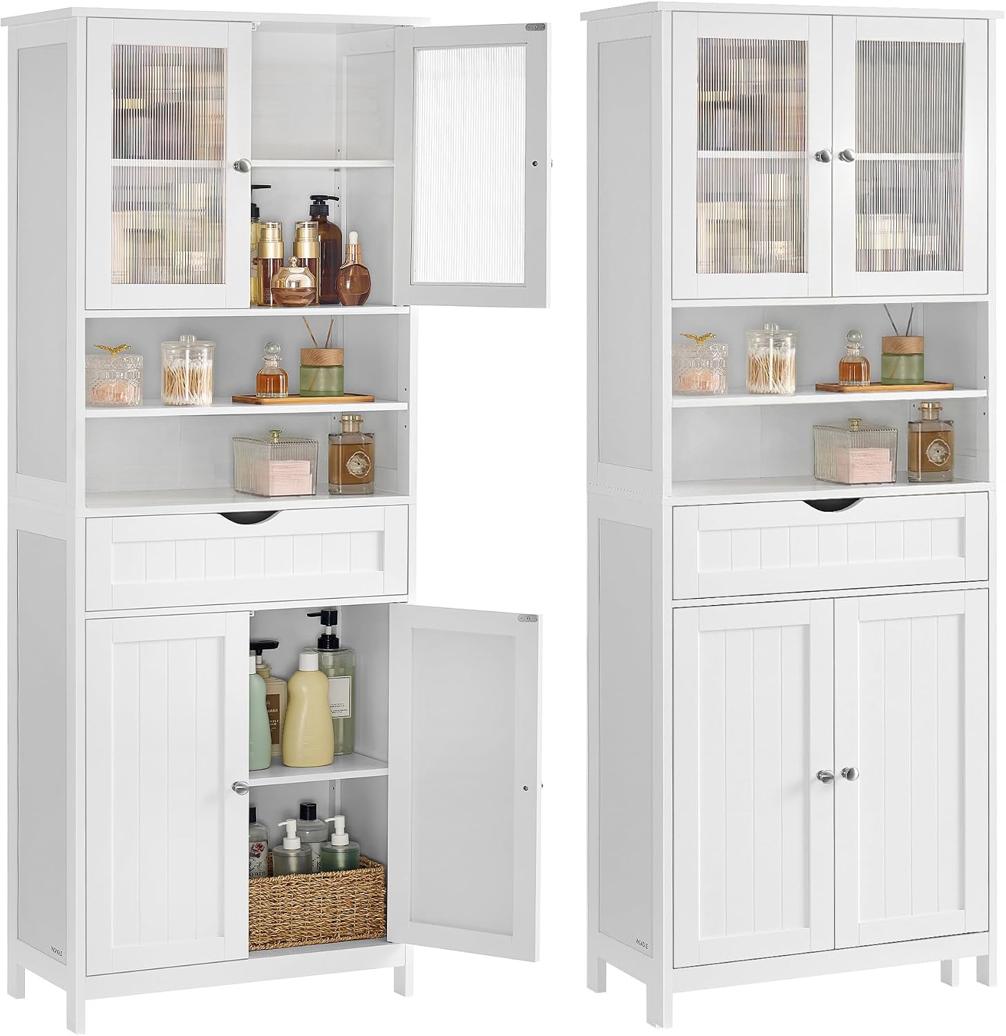 VASAGLE Storage Cabinet, Freestanding Storage Unit with Adjustable Shelves, Drawer, Open Compartments, for Bathroom, Living Room, Kitchen, Cloud White UBBC768WH01S
