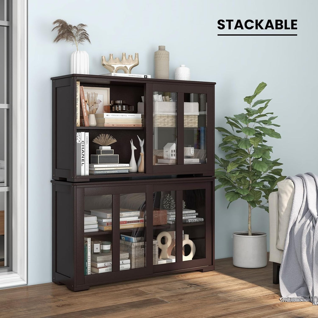 COSTWAY Buffet Sideboard with Storage, 2-Door Floor Cupboard with Sliding Tempered Glass Cabinet & Adjustable Shelf, Stackable Storage Cabinet for Kitchen, Entryway, Brown (2)
