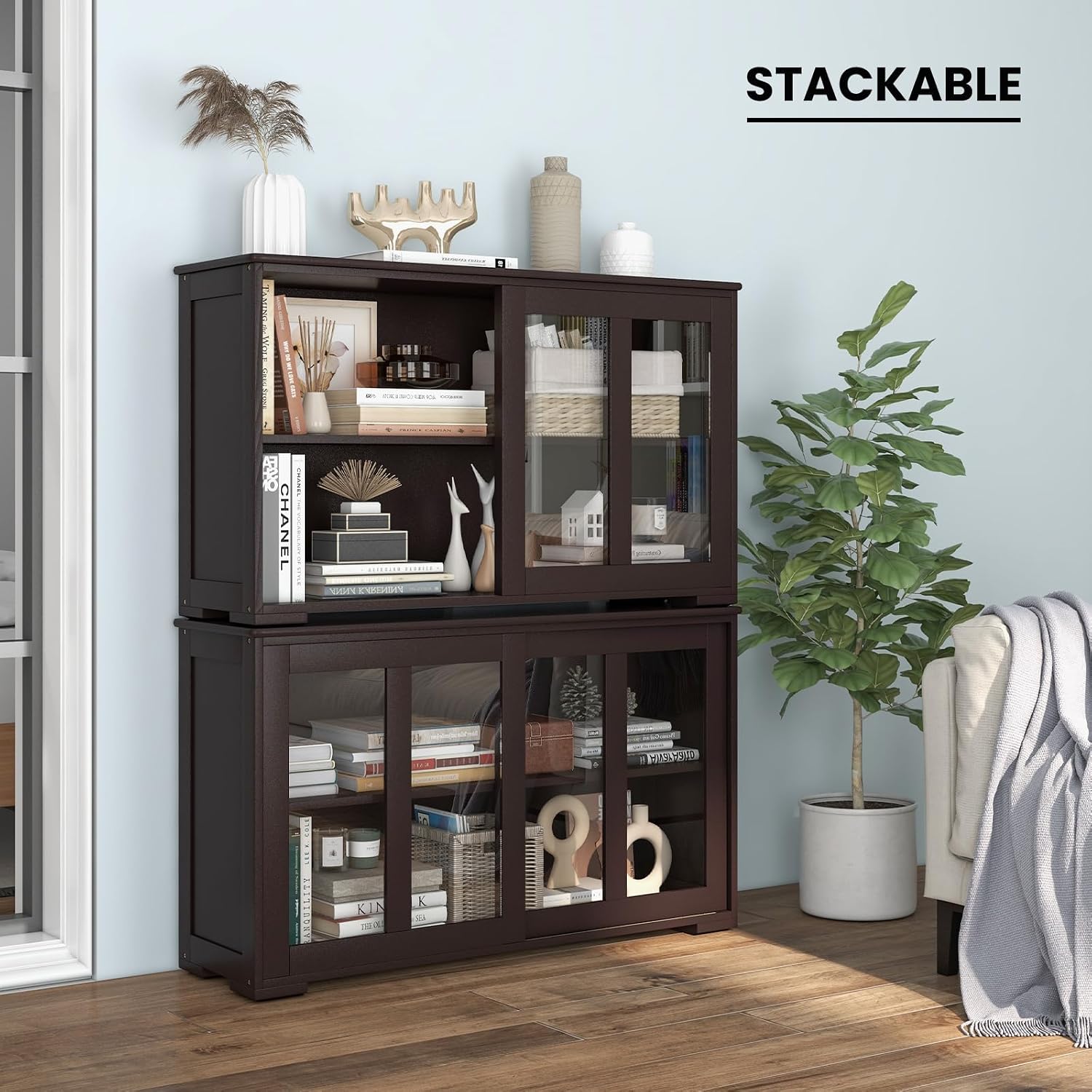 COSTWAY Buffet Sideboard with Storage, 2-Door Floor Cupboard with Sliding Tempered Glass Cabinet & Adjustable Shelf, Stackable Storage Cabinet for Kitchen, Entryway, Brown (2)