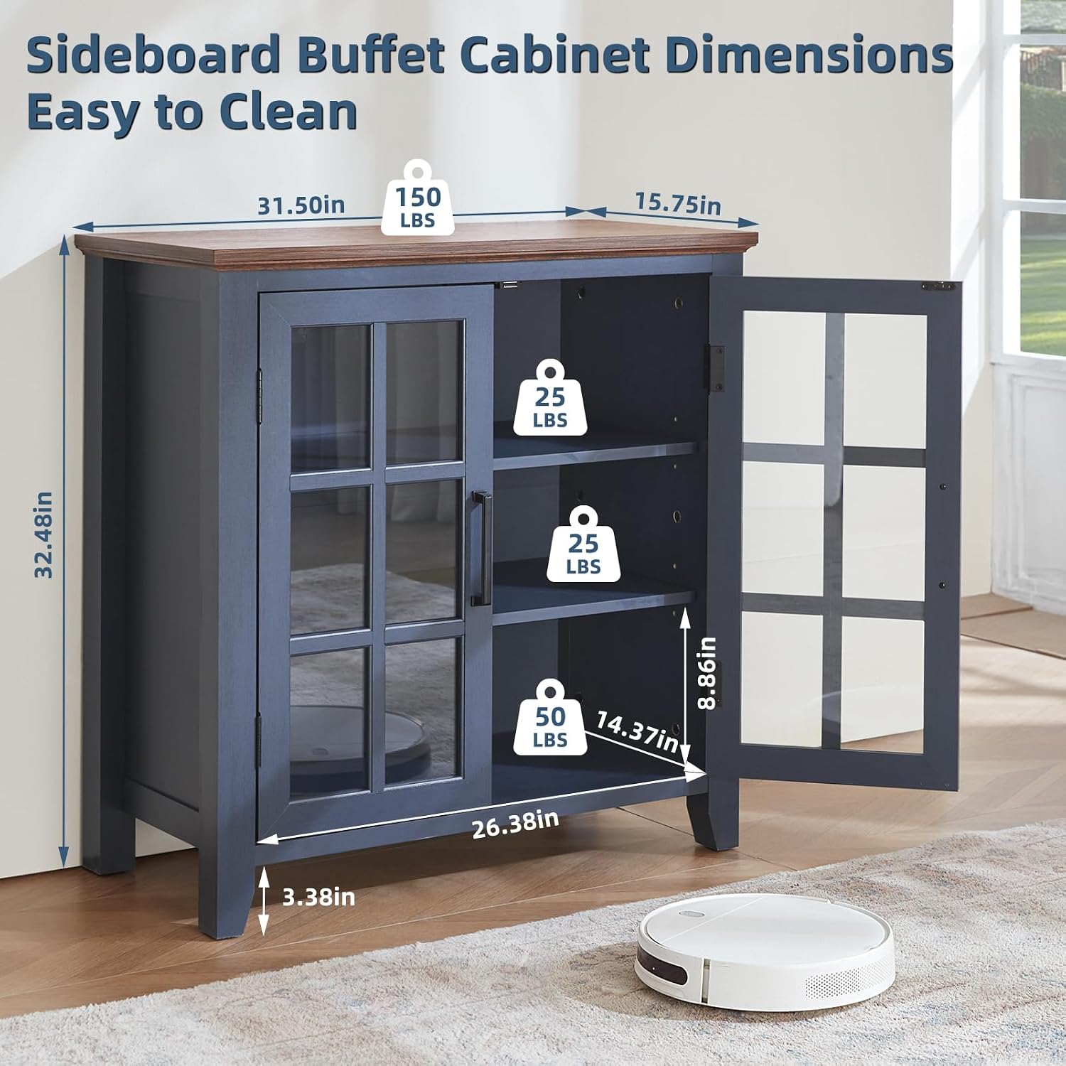 Joaxswe Large Sideboard Buffet Cabinet with Storage, 32' Farmhouse Kitchen Coffee Wine Bar Cabinet with 2 Glass Doors, Wood Mid Century Modern Side Board Table for Dining Room, Living Room, Navy Blue