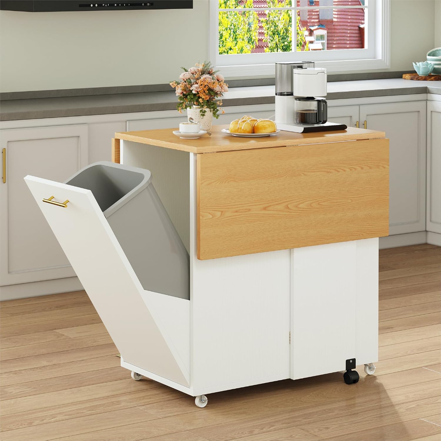 YITAHOME Kitchen Island with Drop Leaf, Folding Extendable Dining Table with Power Outlet, Space Saving Mobile Storage Islands with Trash Can Cabinet Fit 10-Gal Garbage Bin, Yellow Oak