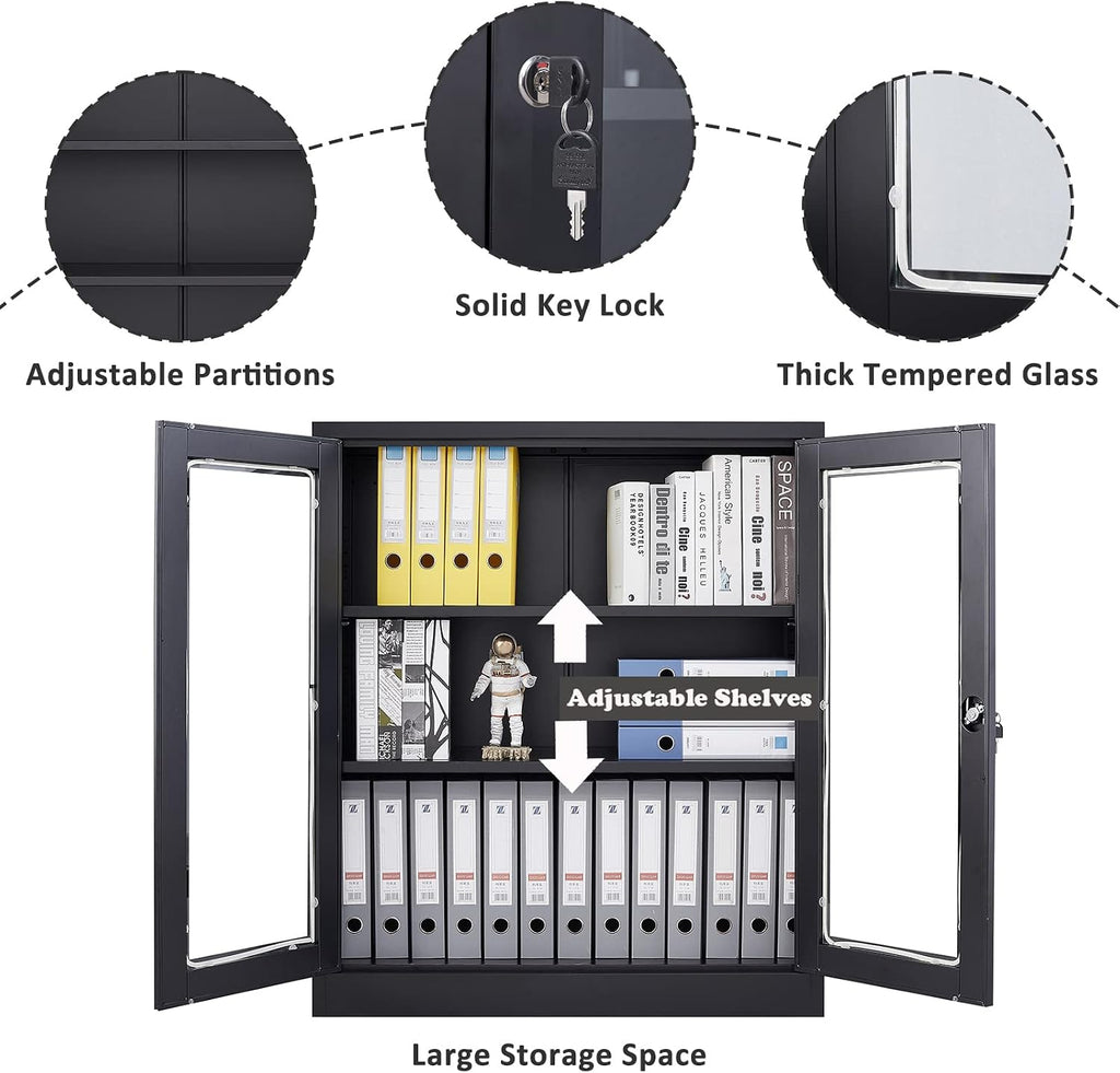 SISESOL Black Metal Storage Cabinet with Doors and Shelves,36 inch Locking Display Cabinet with Acrylic Doors,Office Cabinets with Lock,Sideboard Cabinets for Home Office,Living/Dining/Utility Room,