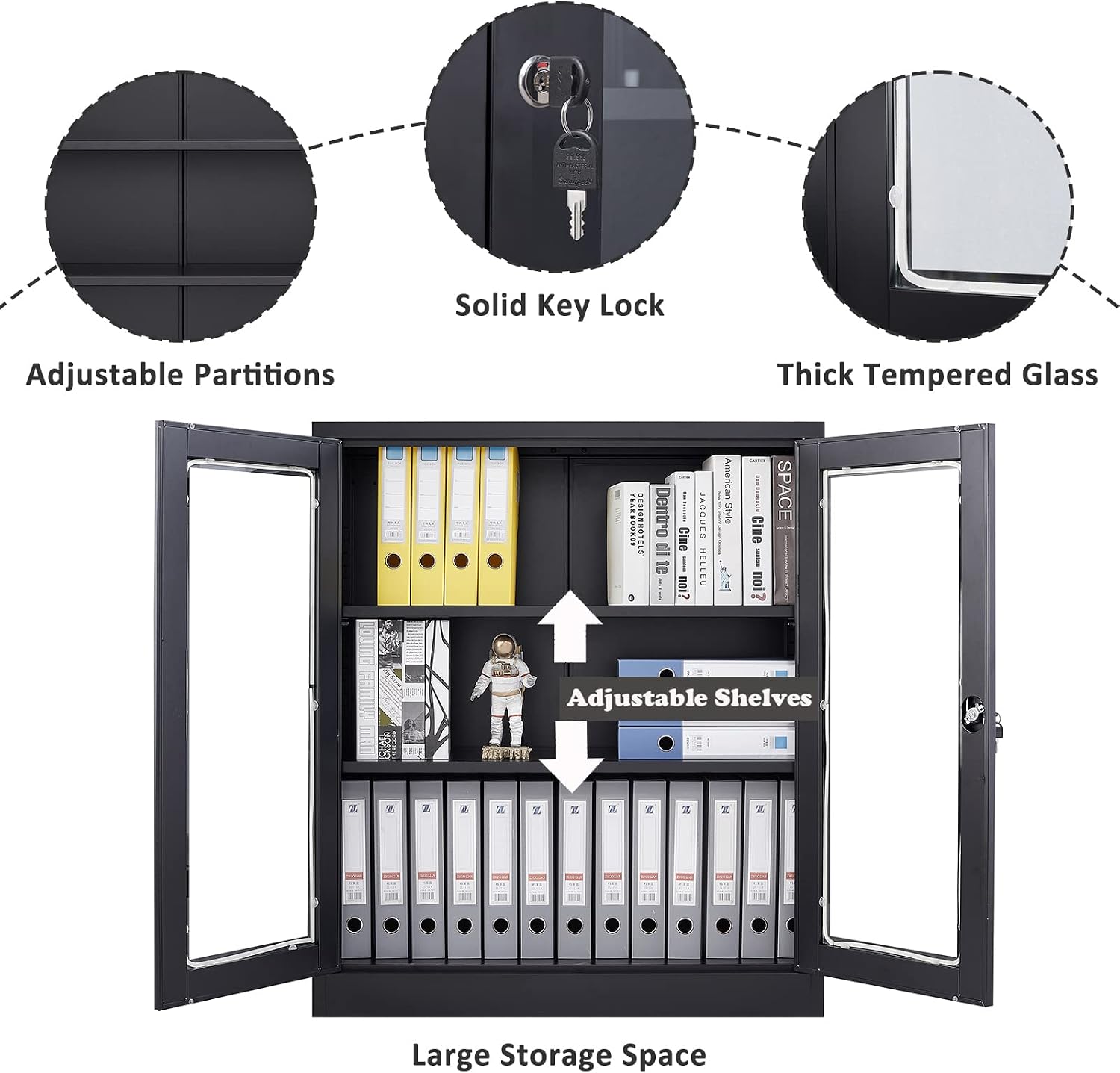 SISESOL Black Metal Storage Cabinet with Doors and Shelves,36 inch Locking Display Cabinet with Acrylic Doors,Office Cabinets with Lock,Sideboard Cabinets for Home Office,Living/Dining/Utility Room,