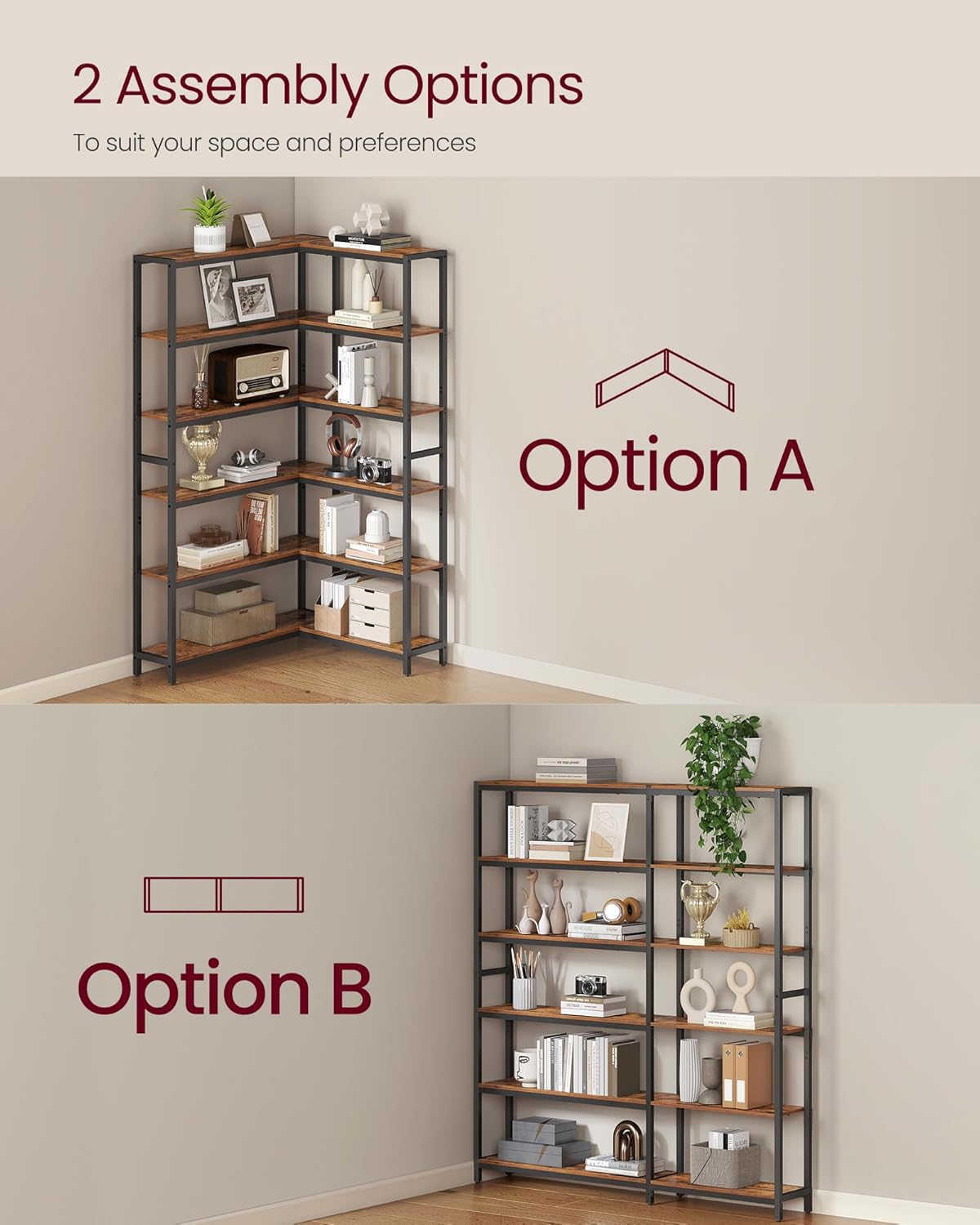VASAGLE 6 Tier Bookshelf with Metal Frame, Convertible Industrial Corner Shelf, 9.4 x 52.8 x 69 Inches, for Living Room, Bedroom, Home Office, Rustic Brown and Ink Black ULLS806K01