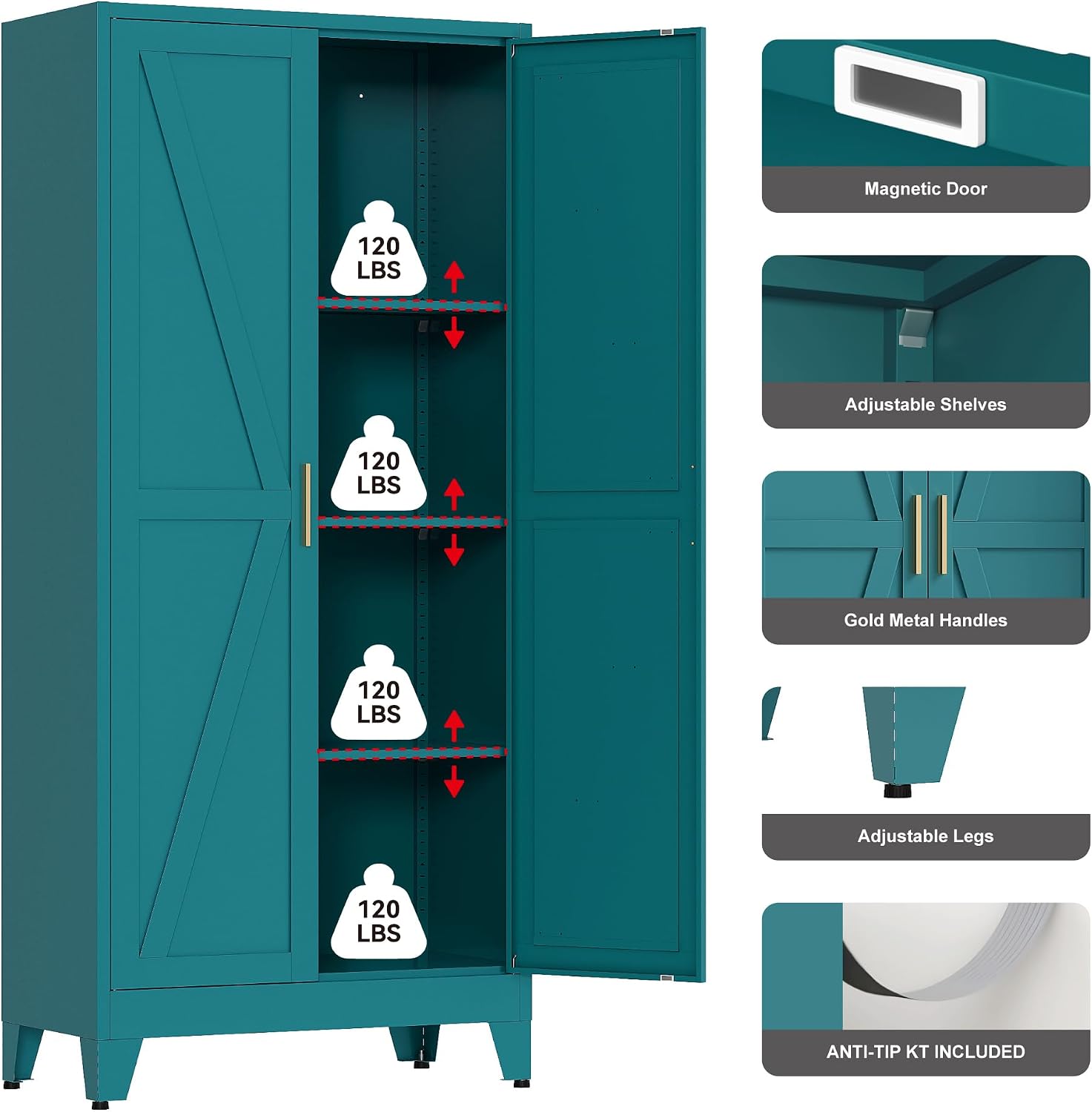 QINPTWUT 61' Metal Storage Cabinet, 4-Tier Kitchen Pantry with 3 Adjustable Shelves, Farmhouse Design Freestanding Cupboard for Kitchen, Bathroom, Laundry, Garage, Blue