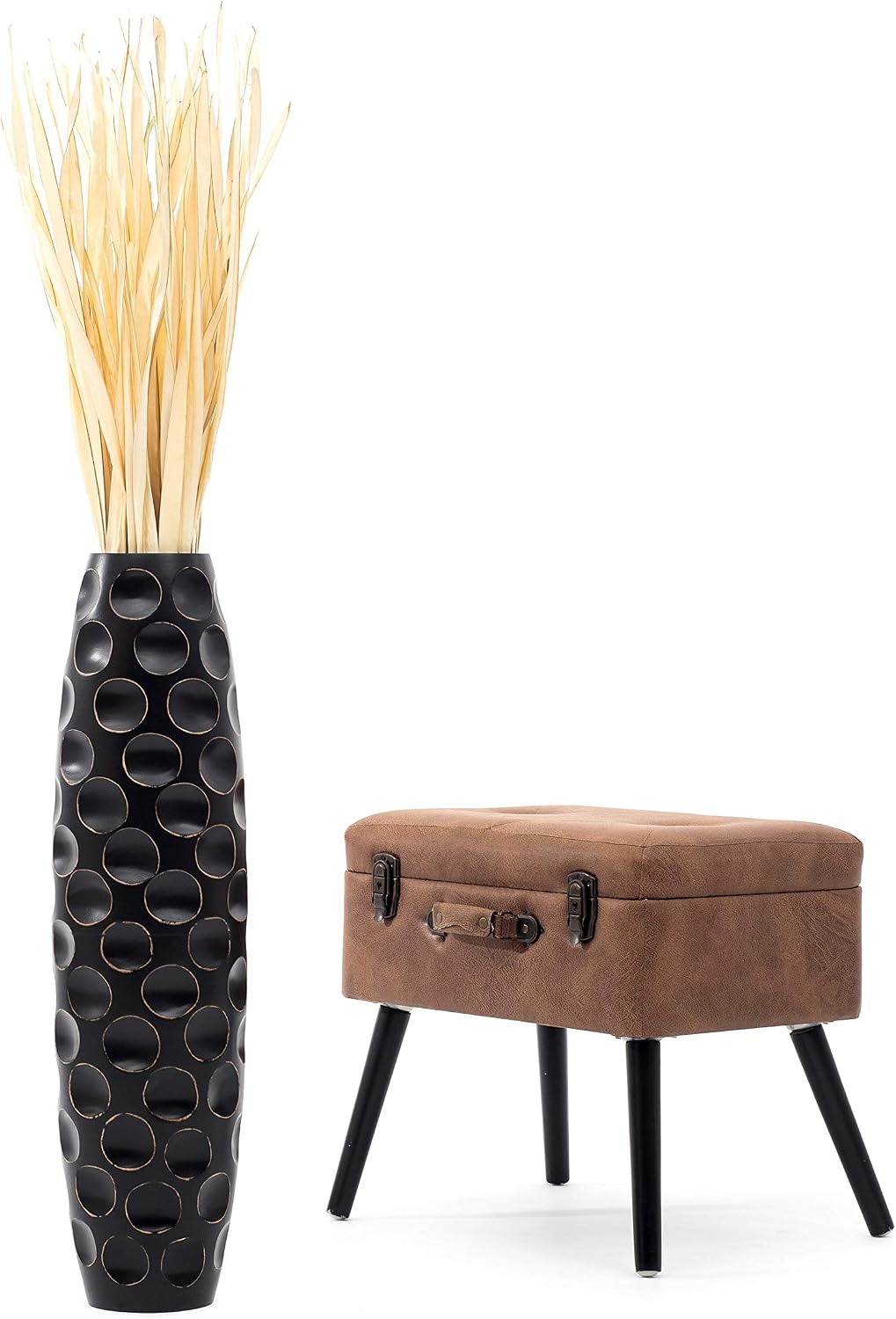 Leewadee Large Black Home Decor Floor Vase - Wooden 26 inch Tall Farmhouse Decor Flower Holder for Fake Plant and Pampas Grass