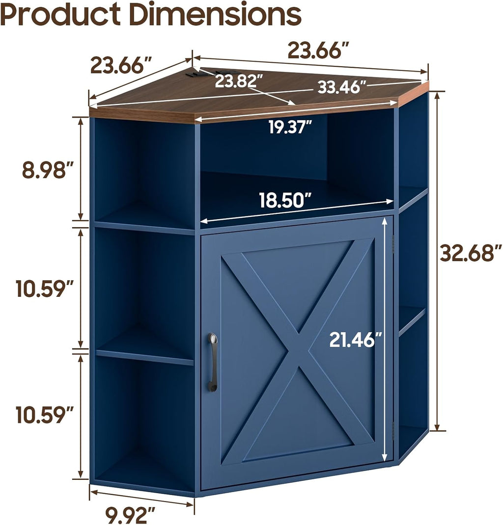 Vabches Corner Cabinet, Corner Storage Shelf with USB Ports and Outlets Industrial Organizer for Small Space Wooden 6-Cubby Bookshelf for Study, Playroom, Living Room (Blue and Brown)