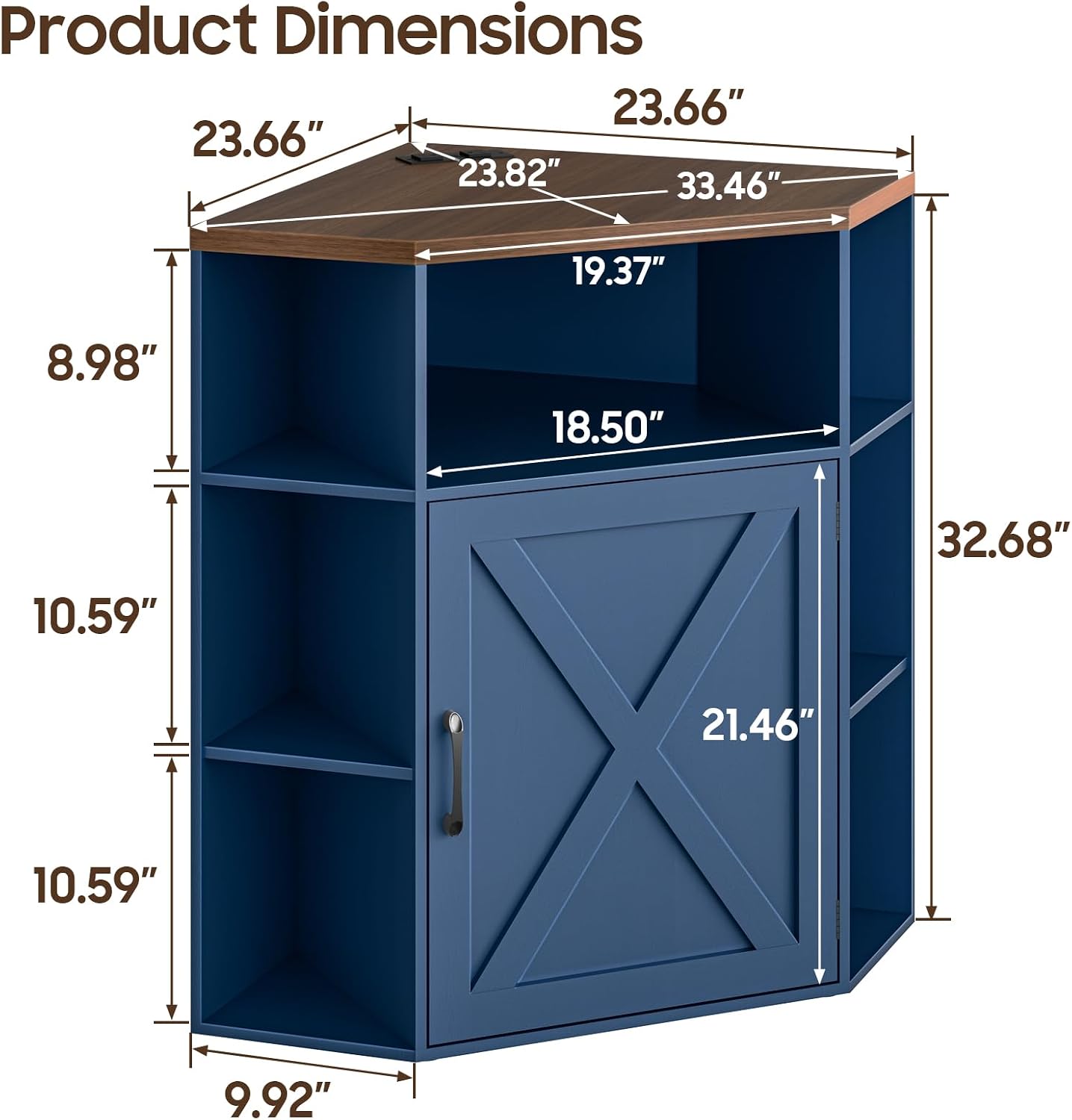 Vabches Corner Cabinet, Corner Storage Shelf with USB Ports and Outlets Industrial Organizer for Small Space Wooden 6-Cubby Bookshelf for Study, Playroom, Living Room (Blue and Brown)