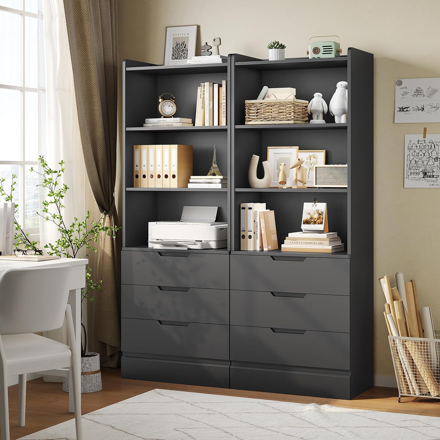DICTAC Bookcase with 3 Drawers and Shelves 73.23'' Tall Bookshelf with Storage Modern Wood Closet Drawers System,Closet Organizer Unit Freestanding Tall Storage Cabinet for Home Office,Bathroom,Black