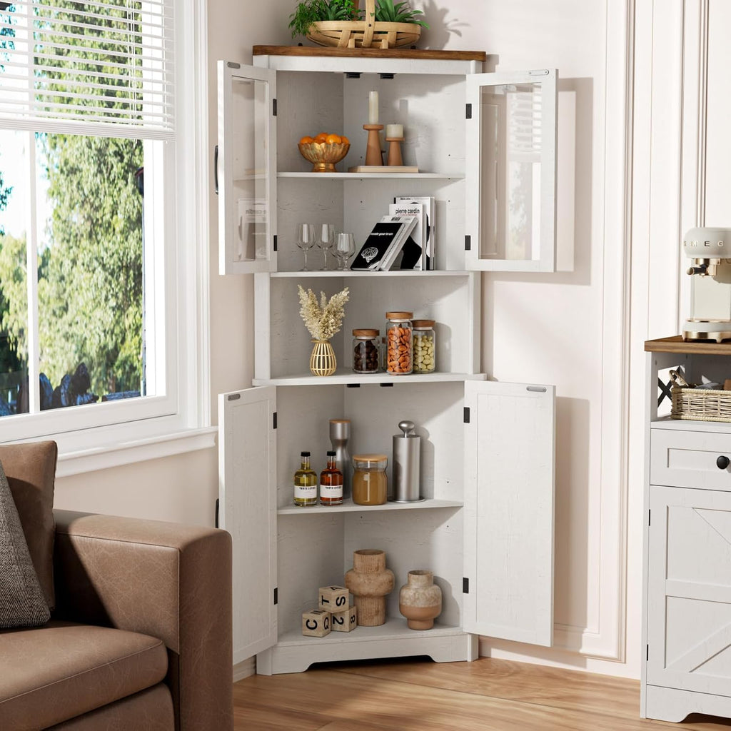 67''H Tall Corner Cabinet with 4 Tempered Glass Doors and Barn Doors, Farmhouse Storage Cabinet with 2 Adjustable Shelves, Home Pantry Hutch for Kitchen, Dining Living Room, Bathroom, Antique White