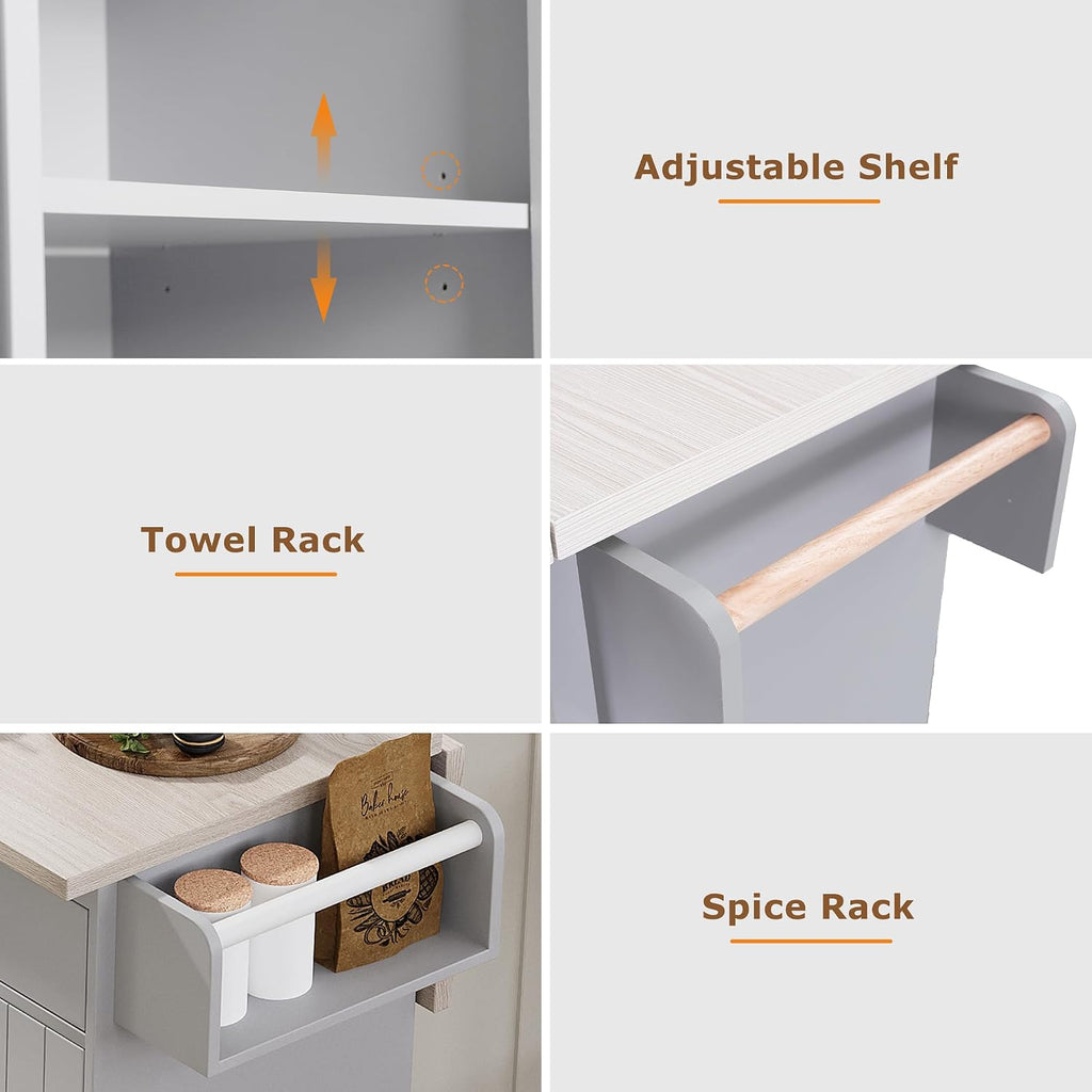 Rolling Kitchen Island Carton Wheels with Trash Can Storage Cabinet, Drop Leaf, Spice Rack, Towel Rack, Drawer, Adjustable Shelf for Dining Room Kitchens Grey