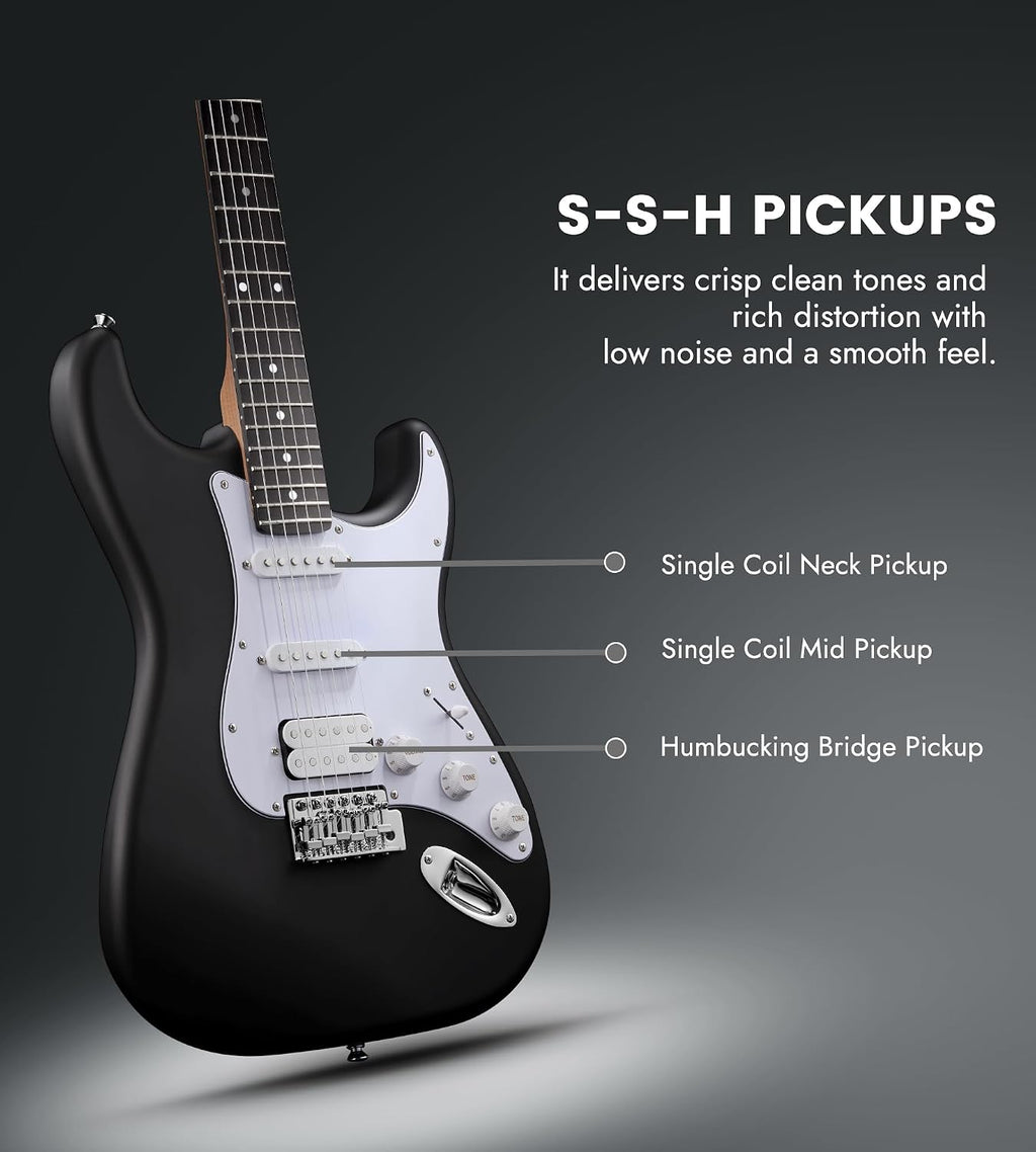 Tostar 39-Inch Full Size Electric Guitar Kit, Strat-Style 5-Way SSH Pickup Switch, Beginner Set Including Amp, Strings, Guitar Stand & Gig Bag,Gift for Adults & Beginners-Black