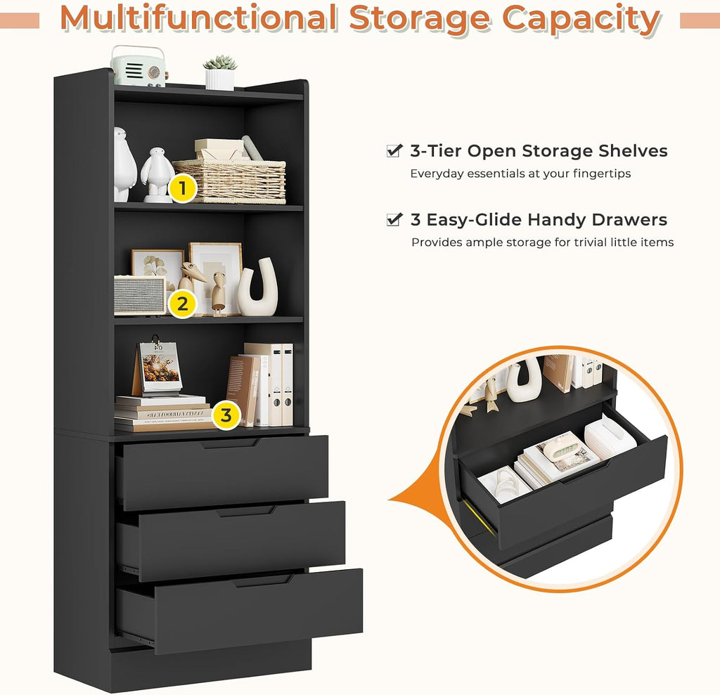 DICTAC Bookcase with 3 Drawers and Shelves 73.23'' Tall Bookshelf with Storage Modern Wood Closet Drawers System,Closet Organizer Unit Freestanding Tall Storage Cabinet for Home Office,Bathroom,Black