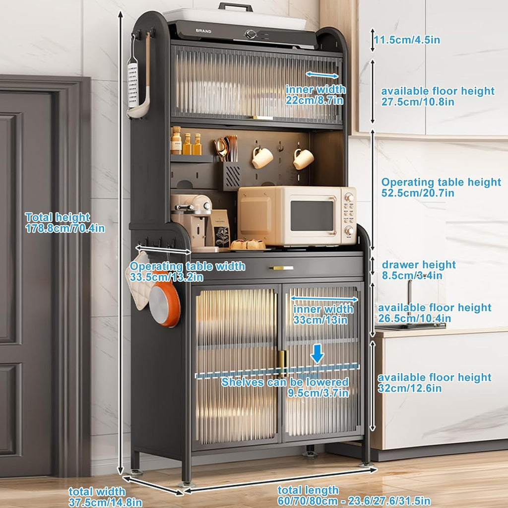 Large 5-Tier Bakers Rack with Drawers, Metal Coffee Bar Cabinet, DIY Backplane, Transparent Flip Switch Door, 4 Hooks, Stylish Kitchen Storage - Black, 60CM Long