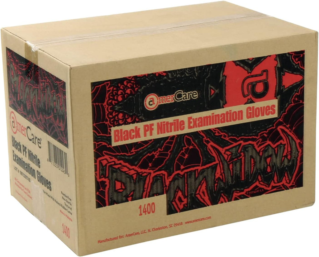 AmerCare Black Widow Powder Free Nitrile Gloves, Large, Black, Case of 1000