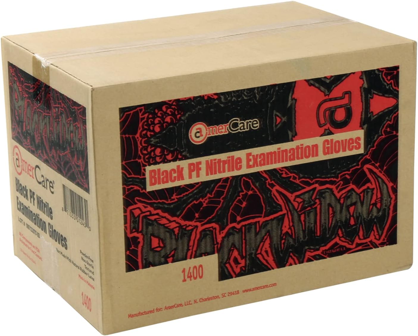 AmerCare Black Widow Powder Free Nitrile Gloves, Large, Black, Case of 1000