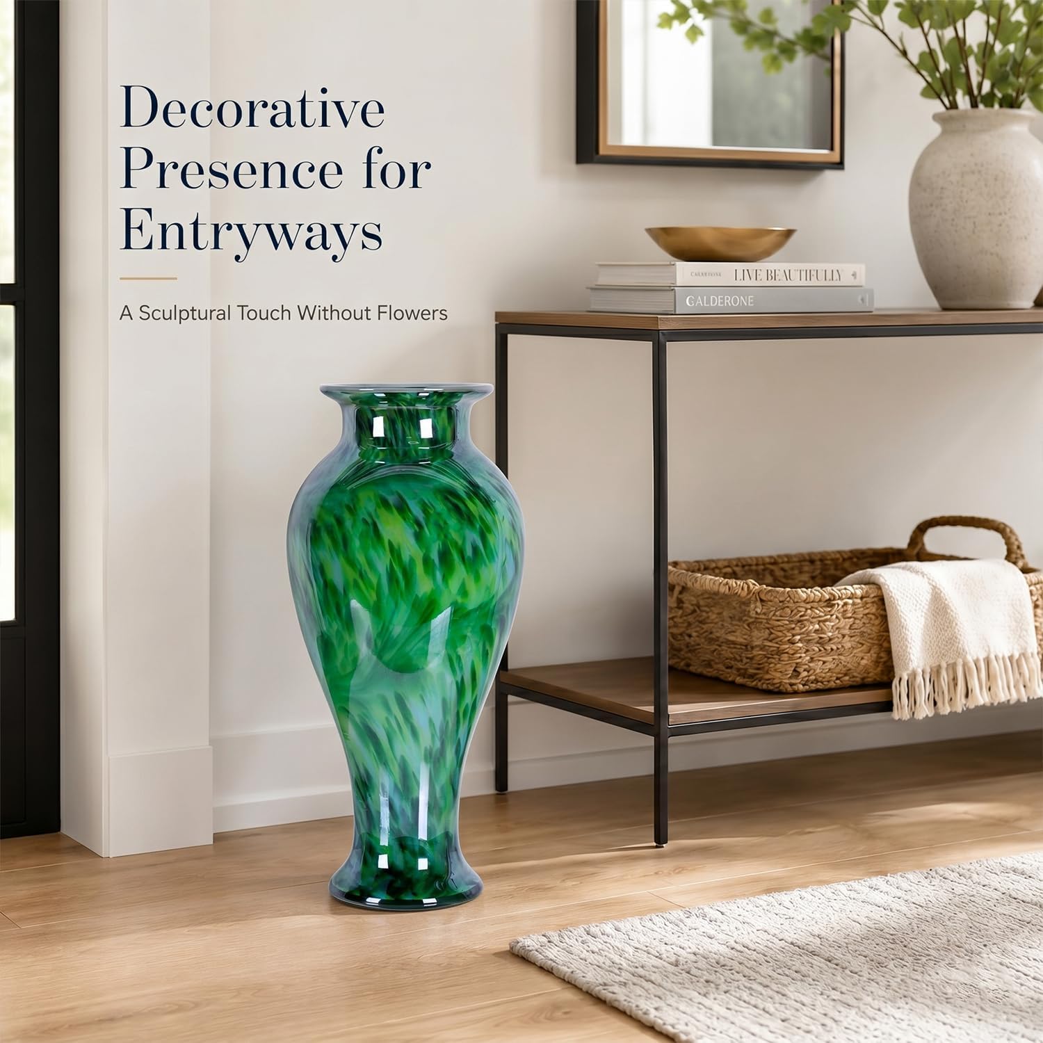 20' Tall Green Glass Vase Hand Blown Large Floor Glass Vase Home Decor, Pretty Modern Dark Green Flowers Vases, Jarrones Grandes para Sala Elegantes, Large Vases for Living Room Wedding Decor