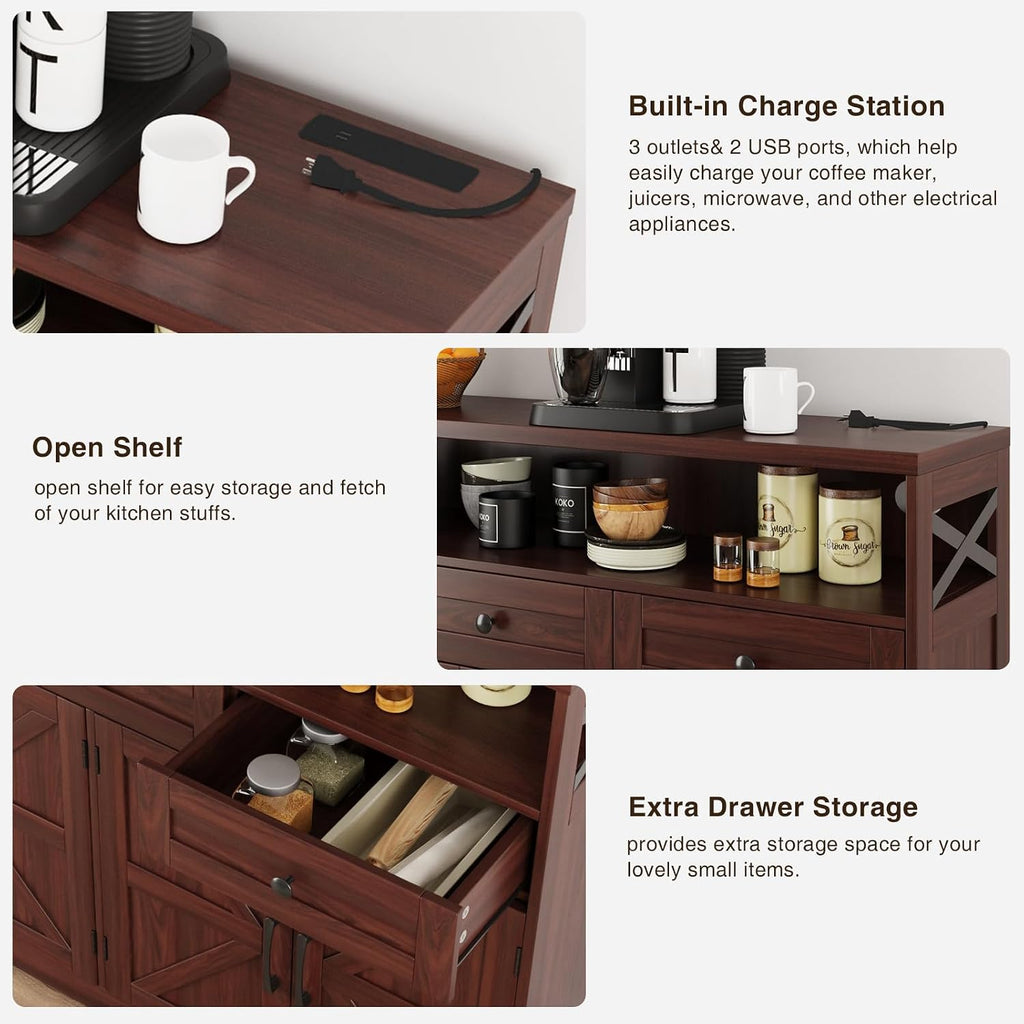 51' Dark Brown Buffet Sideboard Cabinet, Farmhouse Storage Cabinet Kitchen Pantry with Shelf and Drawers, Wood Cupboard Hutch Cabinet, Coffee Bar Station Table for Kitchen, Living Room, Dining Room