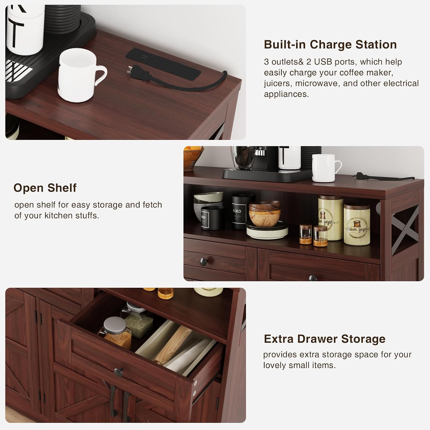 51' Dark Brown Buffet Sideboard Cabinet, Farmhouse Storage Cabinet Kitchen Pantry with Shelf and Drawers, Wood Cupboard Hutch Cabinet, Coffee Bar Station Table for Kitchen, Living Room, Dining Room
