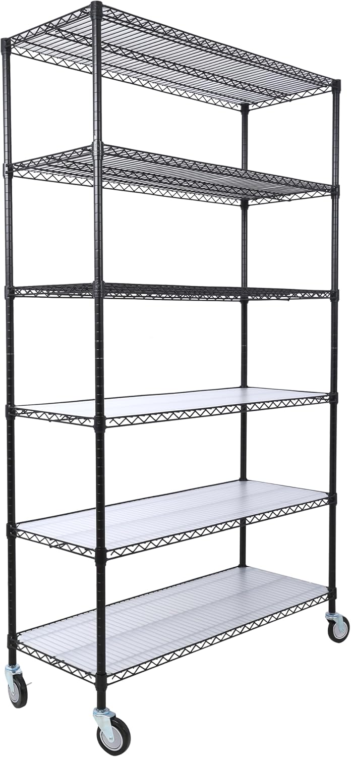 Heavy-Duty 6-Tier NSF Commercial Shelving Unit - 6000LB Capacity Adjustable Metal Storage Rack with Wheels, 84' H x 48' L x 20' D, Steel Wire Shelving for Warehouse/Garage/Restaurant (Black)