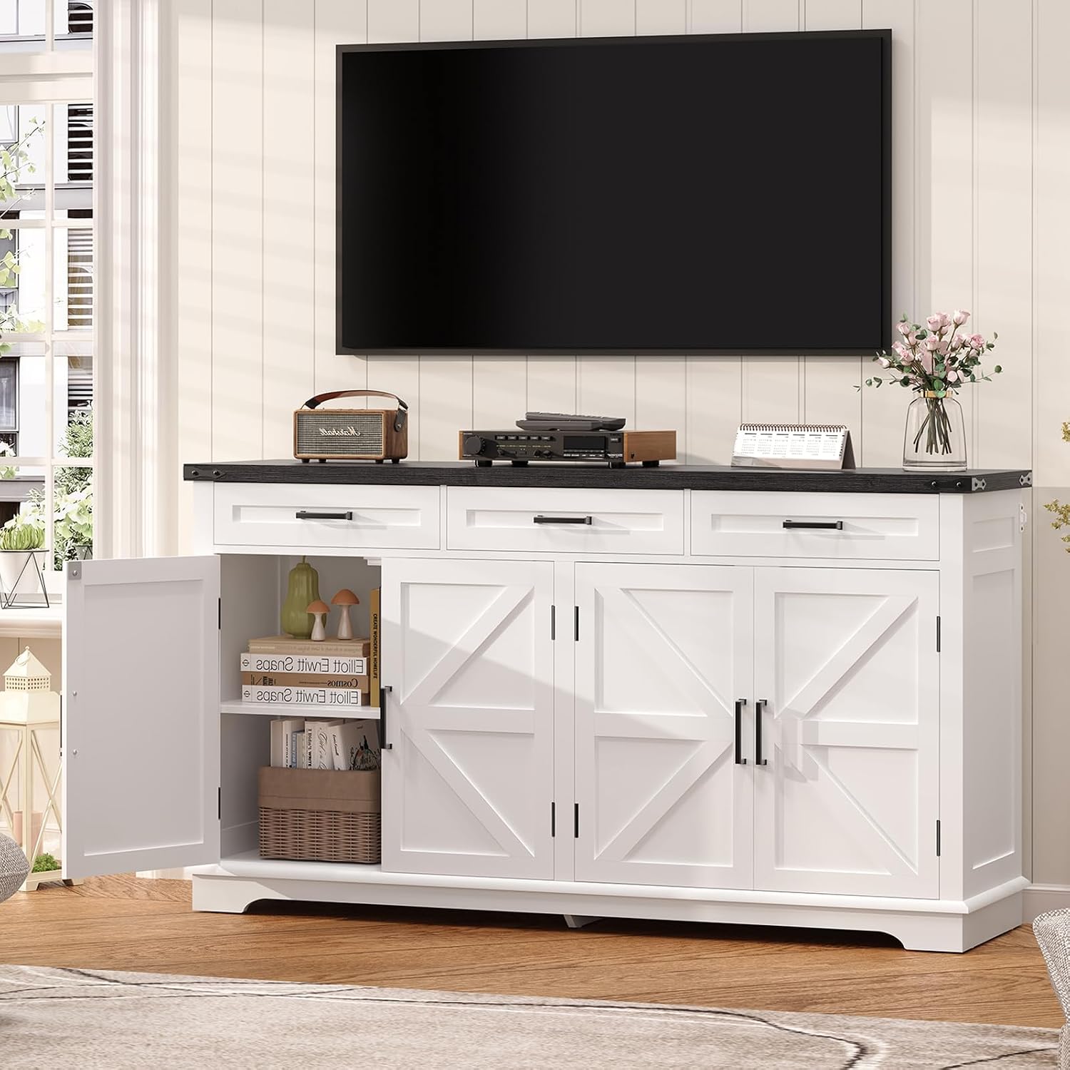 usikey 61' Large Sideboard Buffet Cabinet with 4 Doors and 3 Drawers, Farmhouse Buffet Table, Dining Room Storage Cabinet for Kitchen or Living Room, White