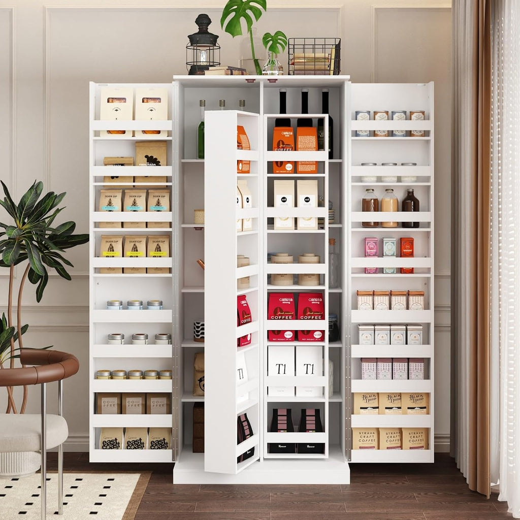 MOUMON Kitchen Pantry Storage Cabinet with Doors and Shelves, Rotating Racks, Tall Pantry Cabinet Cupboard with Door Racks, White, 19.7'D x 31.5'W x 72.2'H