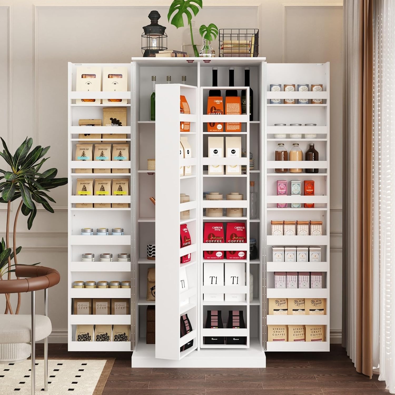 MOUMON Kitchen Pantry Storage Cabinet with Doors and Shelves, Rotating Racks, Tall Pantry Cabinet Cupboard with Door Racks, White, 19.7'D x 31.5'W x 72.2'H
