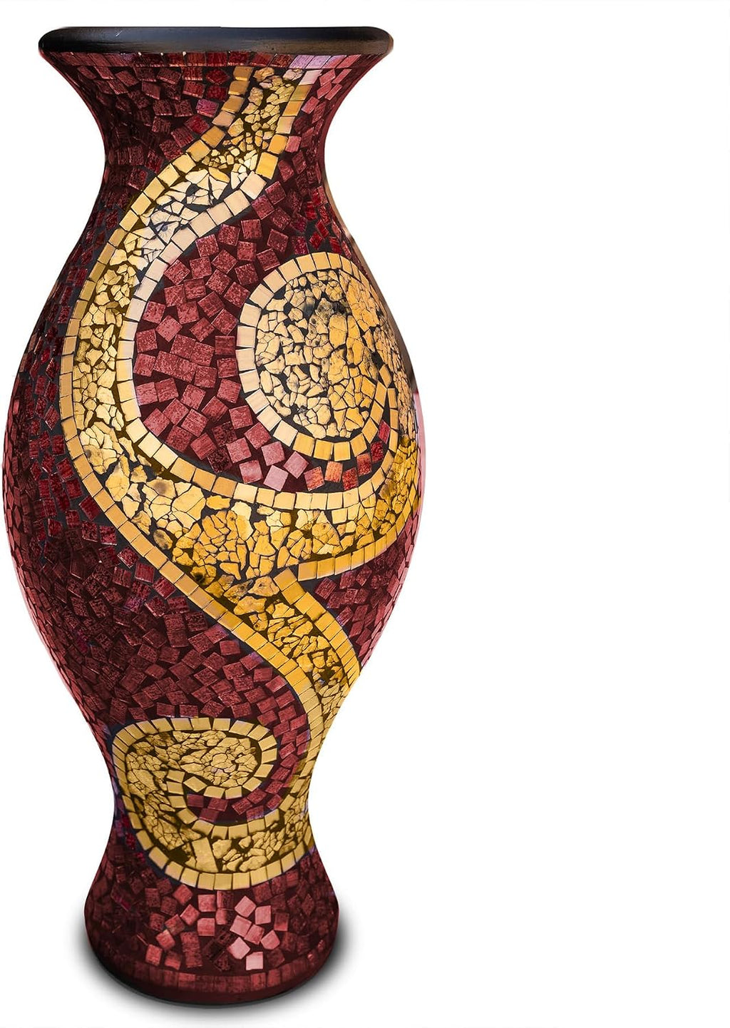 Floor Vase, 24 Inch Mosaic Vase – Tall Cylinder Made of Terracotta with Ruby Red and Gold Glass Mosaic Pieces – Handcrafted Decorative Home Décor Accent Piece for Bedroom, Living Room, Office