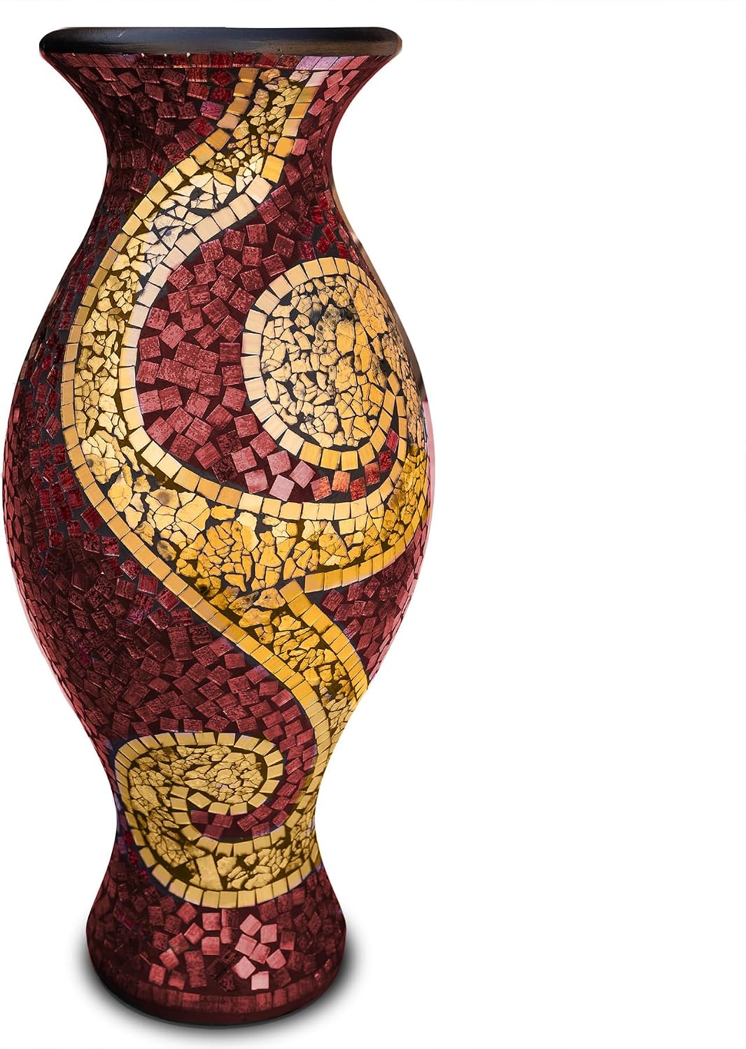 Floor Vase, 24 Inch Mosaic Vase – Tall Cylinder Made of Terracotta with Ruby Red and Gold Glass Mosaic Pieces – Handcrafted Decorative Home Décor Accent Piece for Bedroom, Living Room, Office