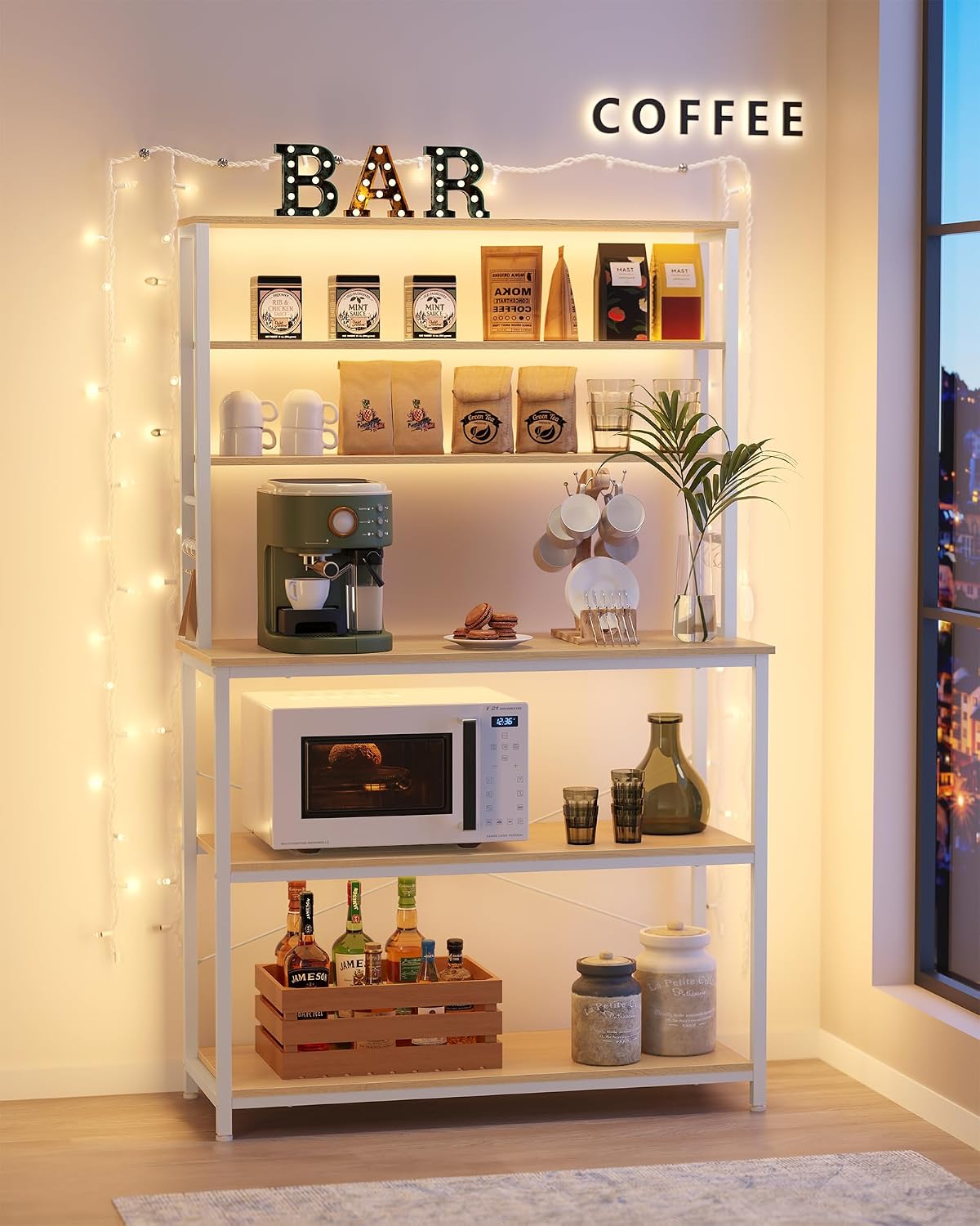 VASAGLE Coffee Bar, 39.4 Inches Baker's Rack for Kitchen with Storage, 6-Tier Kitchen Shelves with 6 Hooks, Microwave Stand, Modern, Golden Oak and Cloud White UKKS039Y09