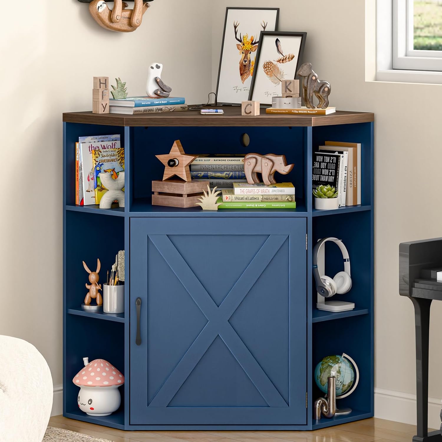 Vabches Corner Cabinet, Corner Storage Shelf with USB Ports and Outlets Industrial Organizer for Small Space Wooden 6-Cubby Bookshelf for Study, Playroom, Living Room (Blue and Brown)