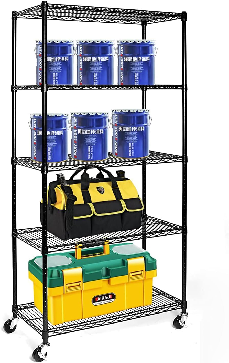 Black Storage Shelves, Heavy Duty Steel Wire Shelving Unit with Wheels,Adjustable Shelf, Used as Pantry Shelf, Garage or Bakers Rack Kitchen Shelving,Rolling Storage Rack, Corner Rack 90 x 45 x 180CM