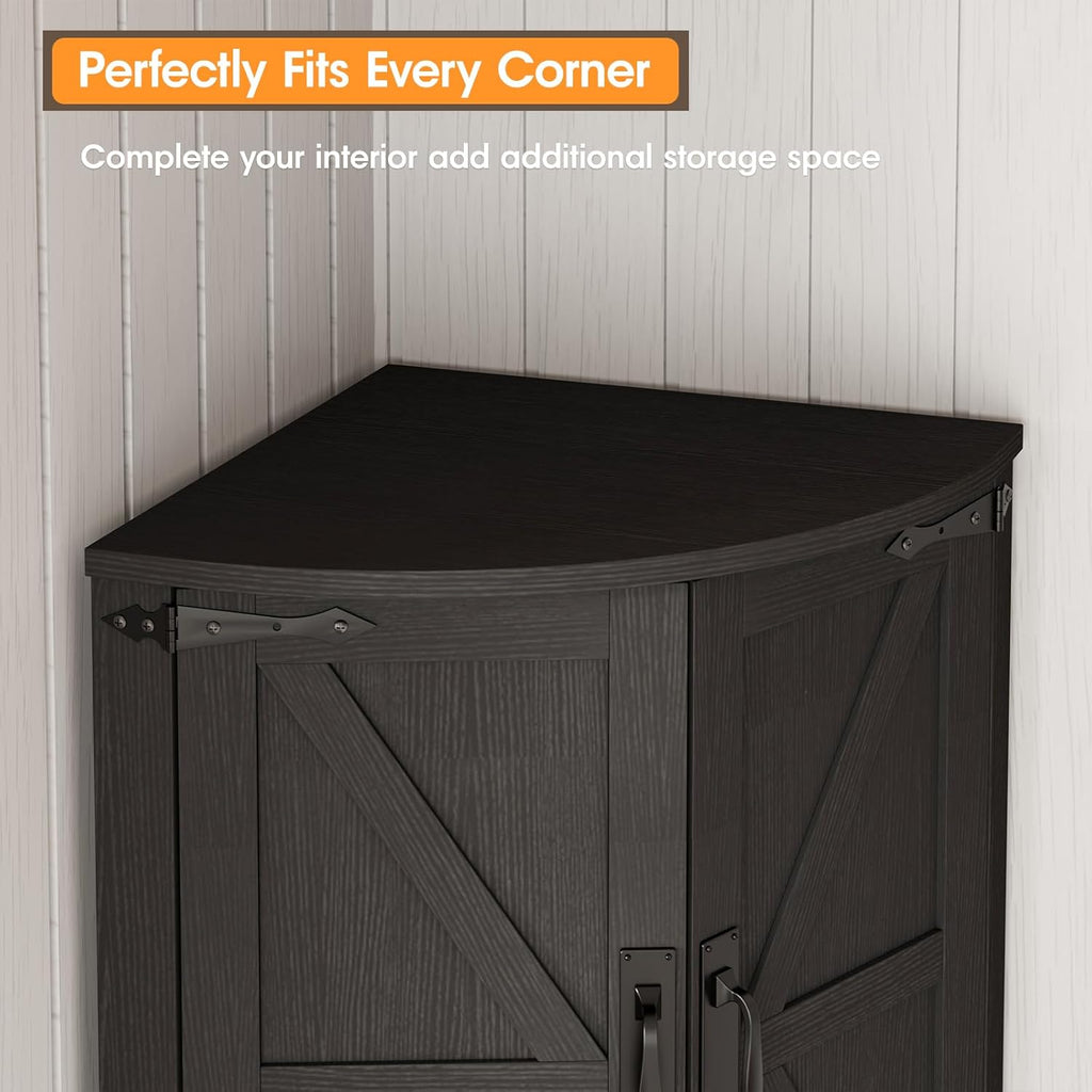 Vabches 64.8' Tall Farmhouse Corner Cabinet with 4 Doors and 5 Storage Shelves, Farmhouse Storage Cabinet with Barn Door Design, Home Space Saver for Living Room, Kitchen, Laundry Room,Black
