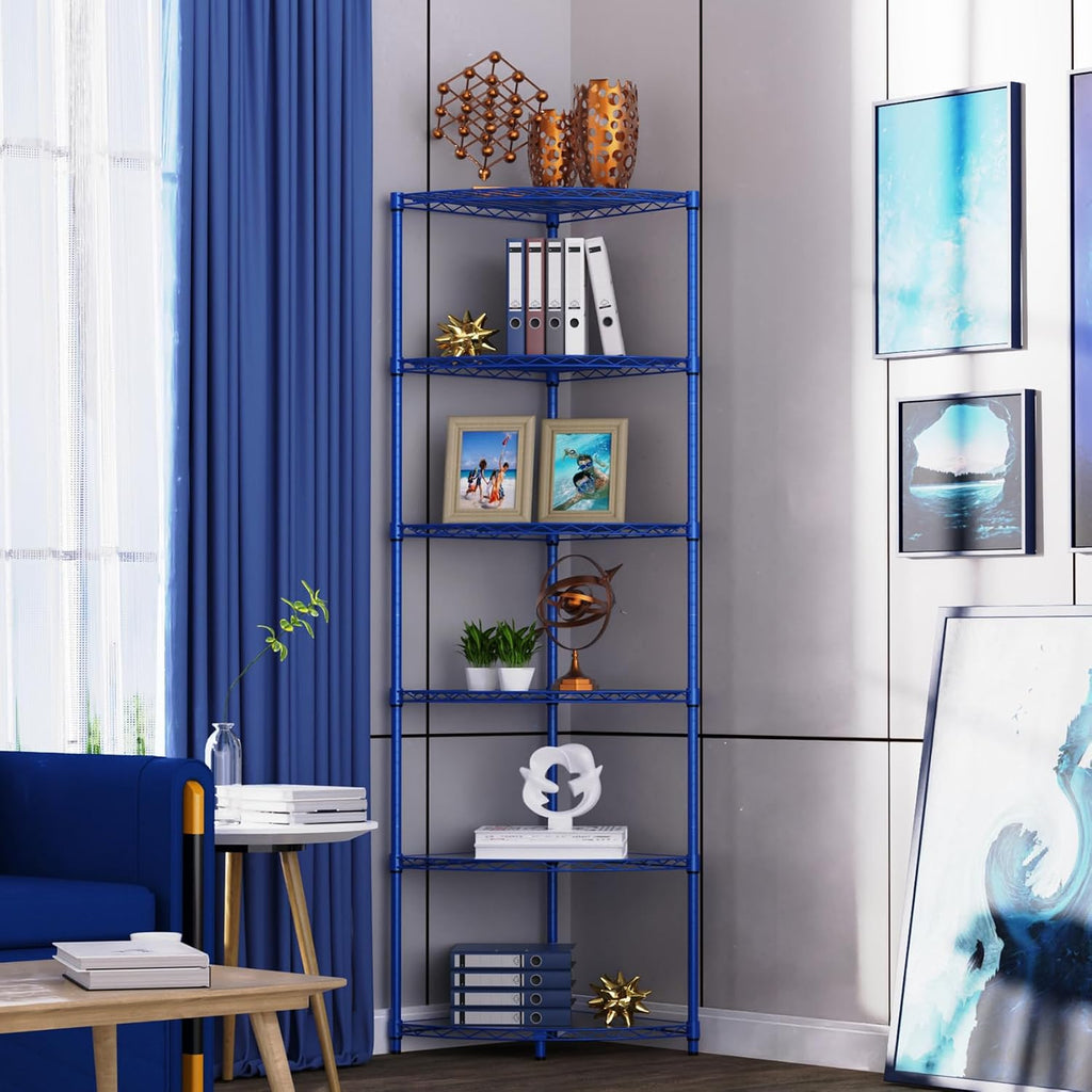 6 Tier NSF Corner Wire Shelf Shelving Unit, 18 x 18 x 72 Inch 420lbs Capacity Heavy Duty Adjustable Metal Storage Rack with Leveling Feet & Shelf Liners for Office Kitchen Bathroom and More - Blue