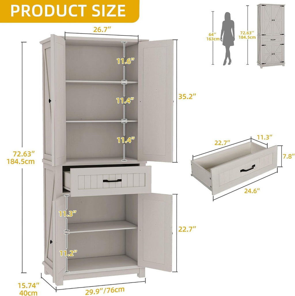 DWVO 72' Tall Farmhouse Pantry Cabinet, Kitchen Storage Pantry with Barn Doors & Drawer, Versatile Organizer with Adjustable Shelves, Rustic Cupboard for Dining Room, Living Room, White Oak