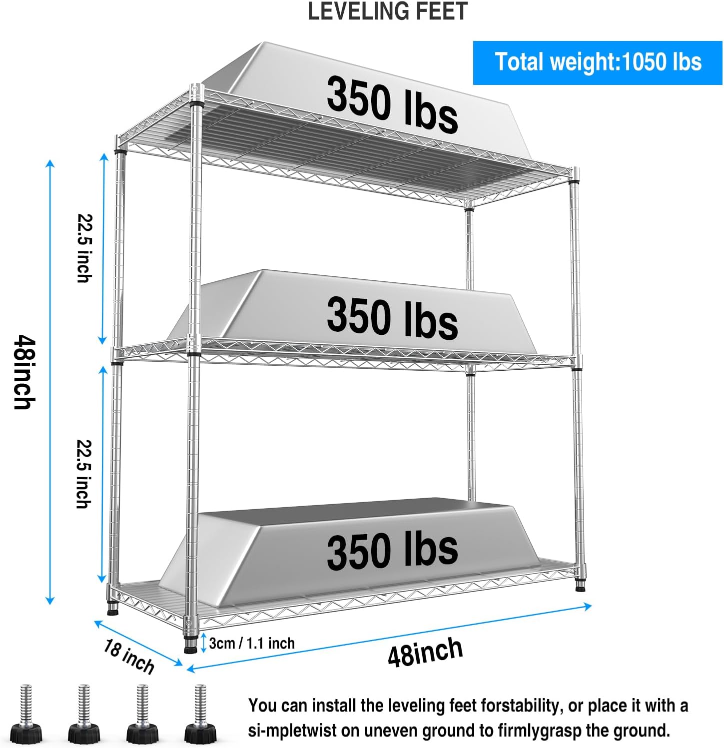 pouseayar 3 Tier NSF Metal Shelf Wire Shelving Unit, 1050lbs Capacity Heavy Duty Adjustable Storage Rack with Shelf Liners - 48' H x 48' L x 18' D for Closet Kitchen Garage Basement and More - Chrome