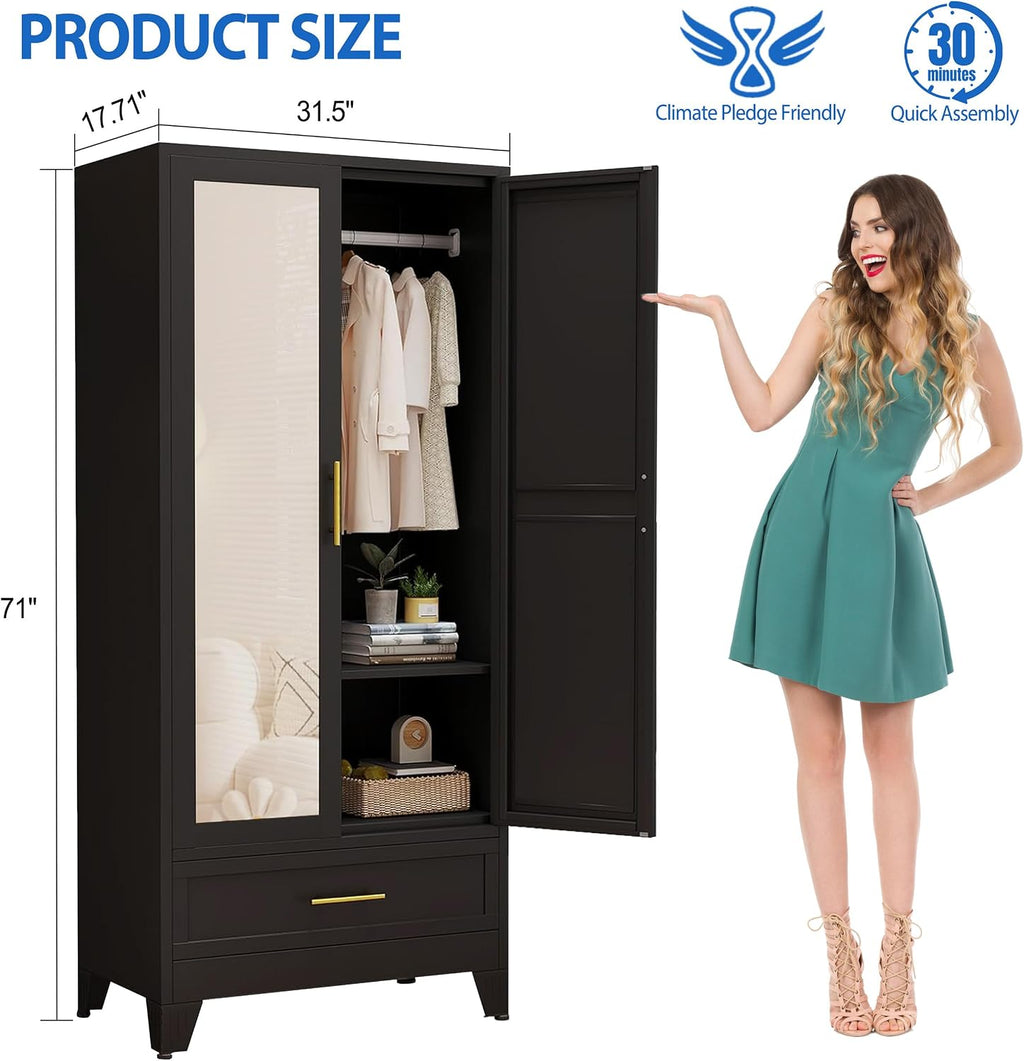 GAIOUS Steel Armoire Wardrobe Closet with Mirror Doors, 71' Household Wardrobe Cabinet with Hanging Rod and Drawer, Metal Clothing Storage Cabinet with Adjustable Shelf for Bedroom, Cloak, Gym(Black)