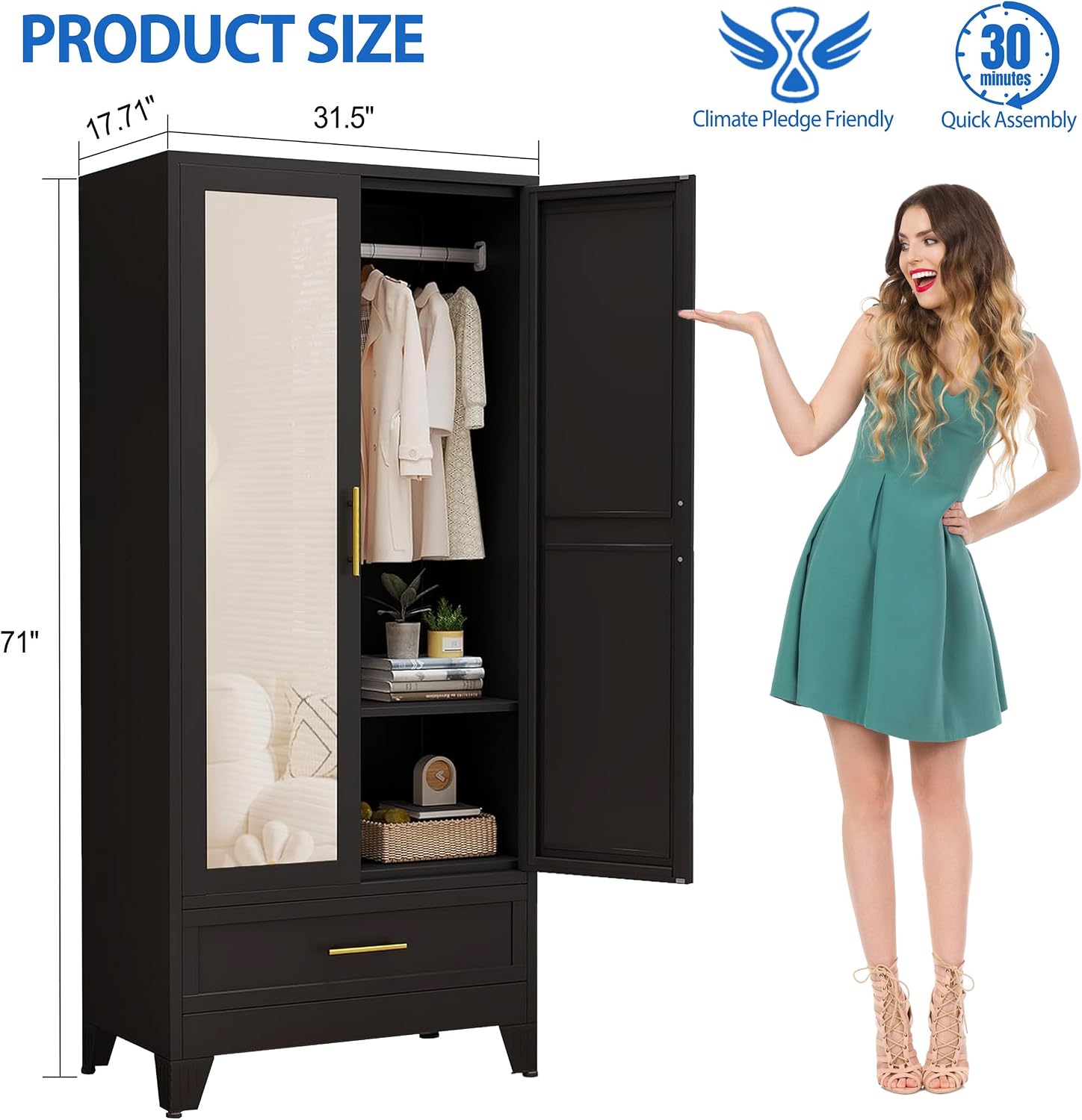 GAIOUS Steel Armoire Wardrobe Closet with Mirror Doors, 71' Household Wardrobe Cabinet with Hanging Rod and Drawer, Metal Clothing Storage Cabinet with Adjustable Shelf for Bedroom, Cloak, Gym(Black)