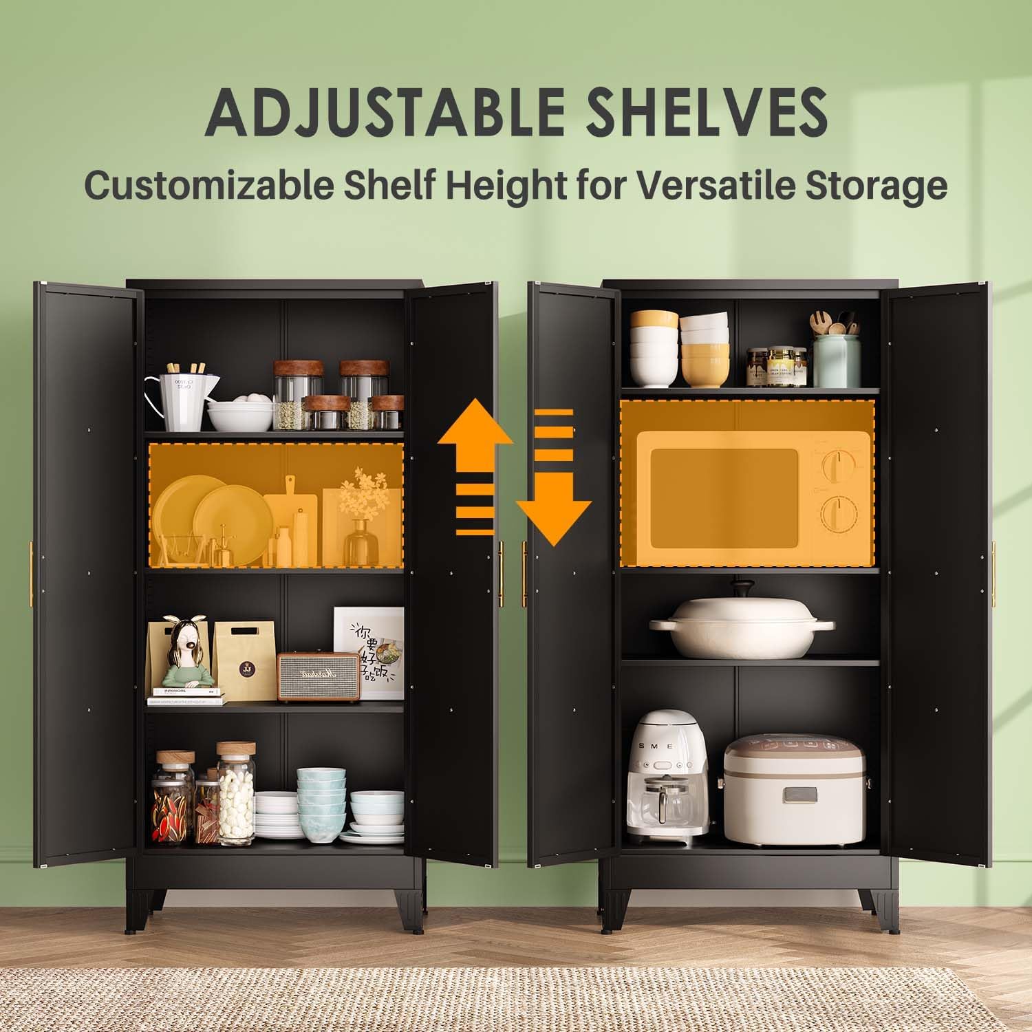 61' Kitchen Pantry Cabinet, Metal Storage Cabinet with 2 Doors and 3 Adjustable Shelves, Black Food Pantry Cupboard for Kitchen, Dining Room, Living Room and Bathroom (Black)